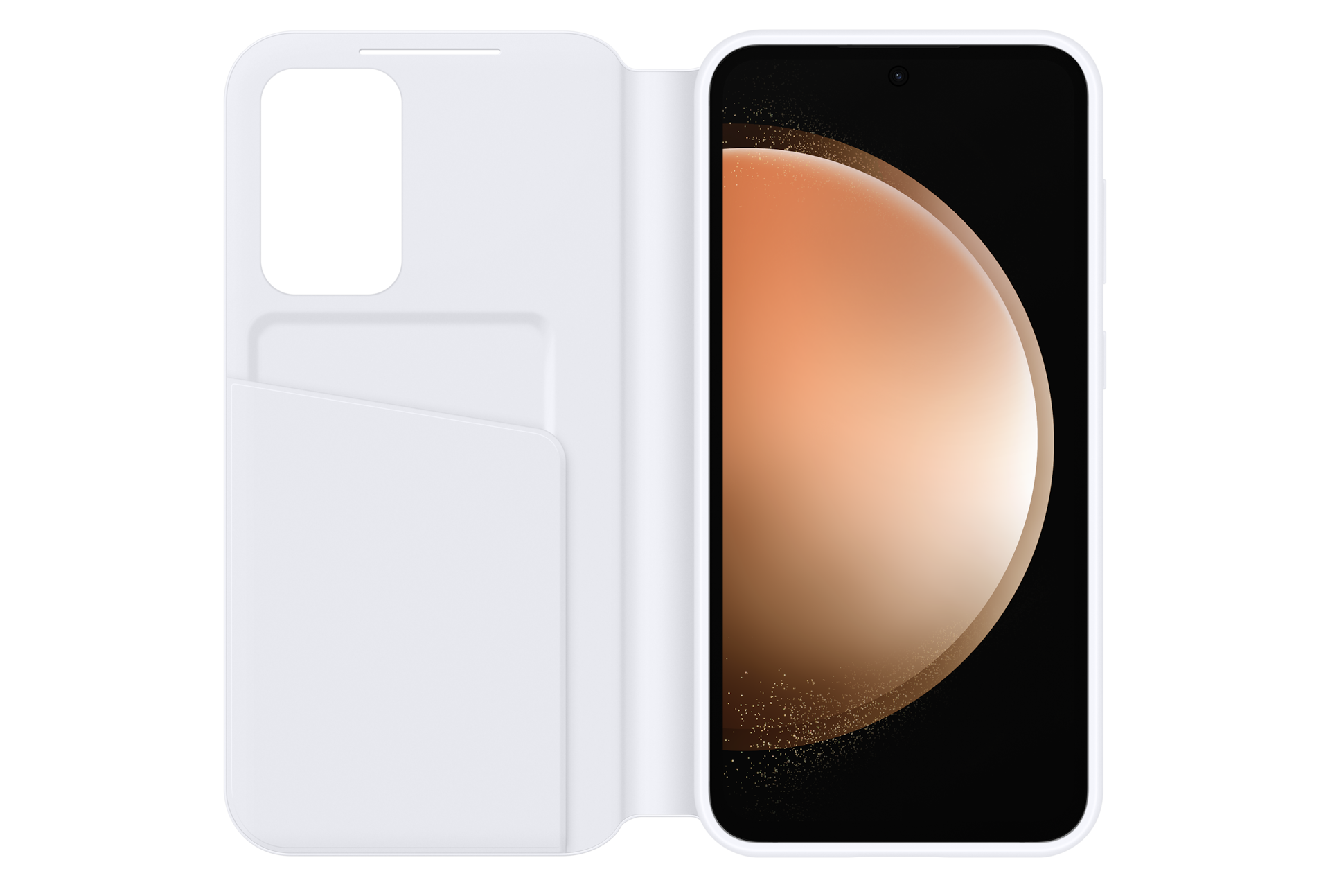 갤럭시 S23 FE 스마트 뷰 월렛 케이스 (화이트) 장착후 케이스를 펼진 뒷면 이미지