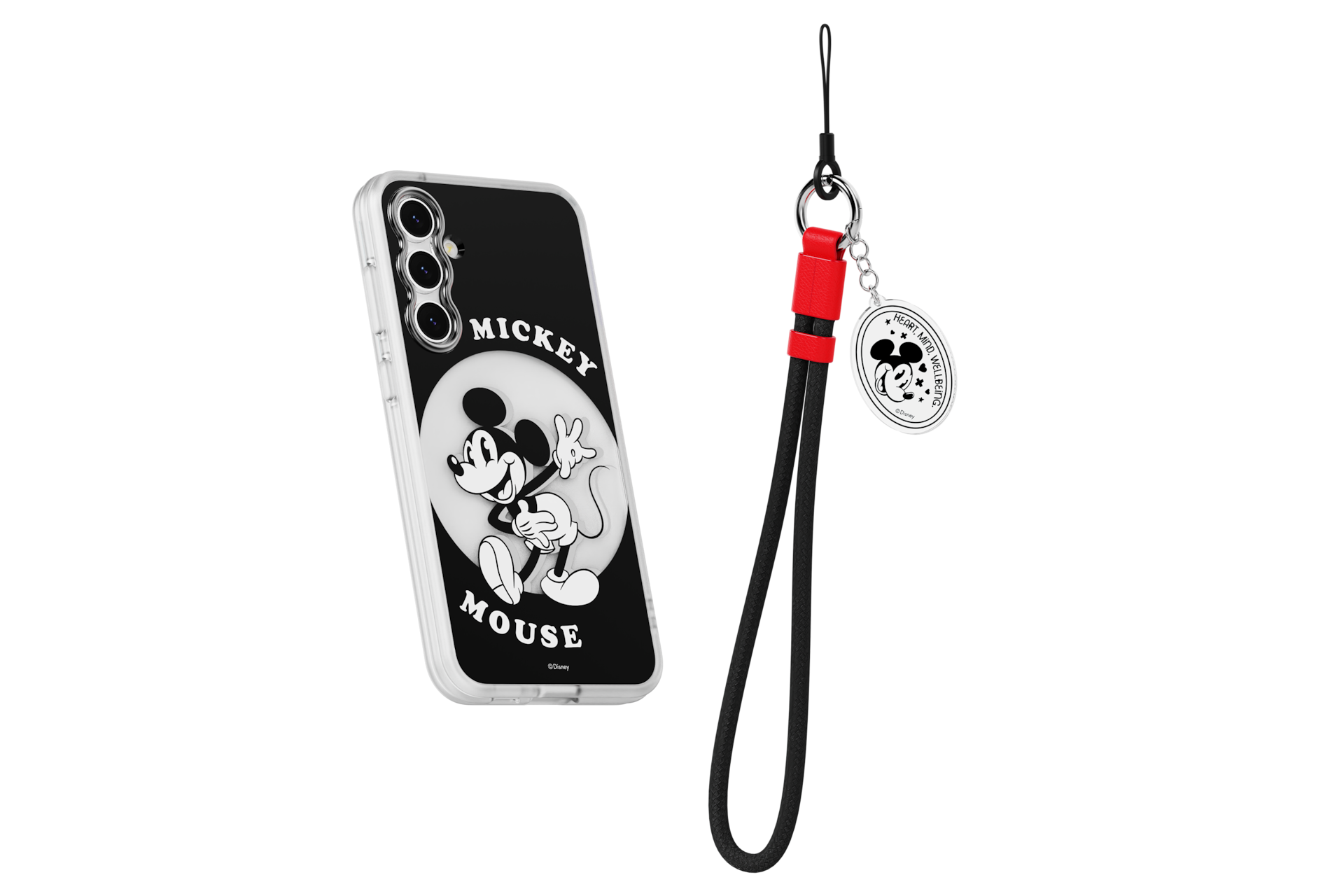 갤럭시 S23 FE 디즈니 버라이어티 케이스 (블랙) 오른쪽으로 20도 돌아간 후 뒤로 20도 기울어진 정면 이미지와 키링 이미지