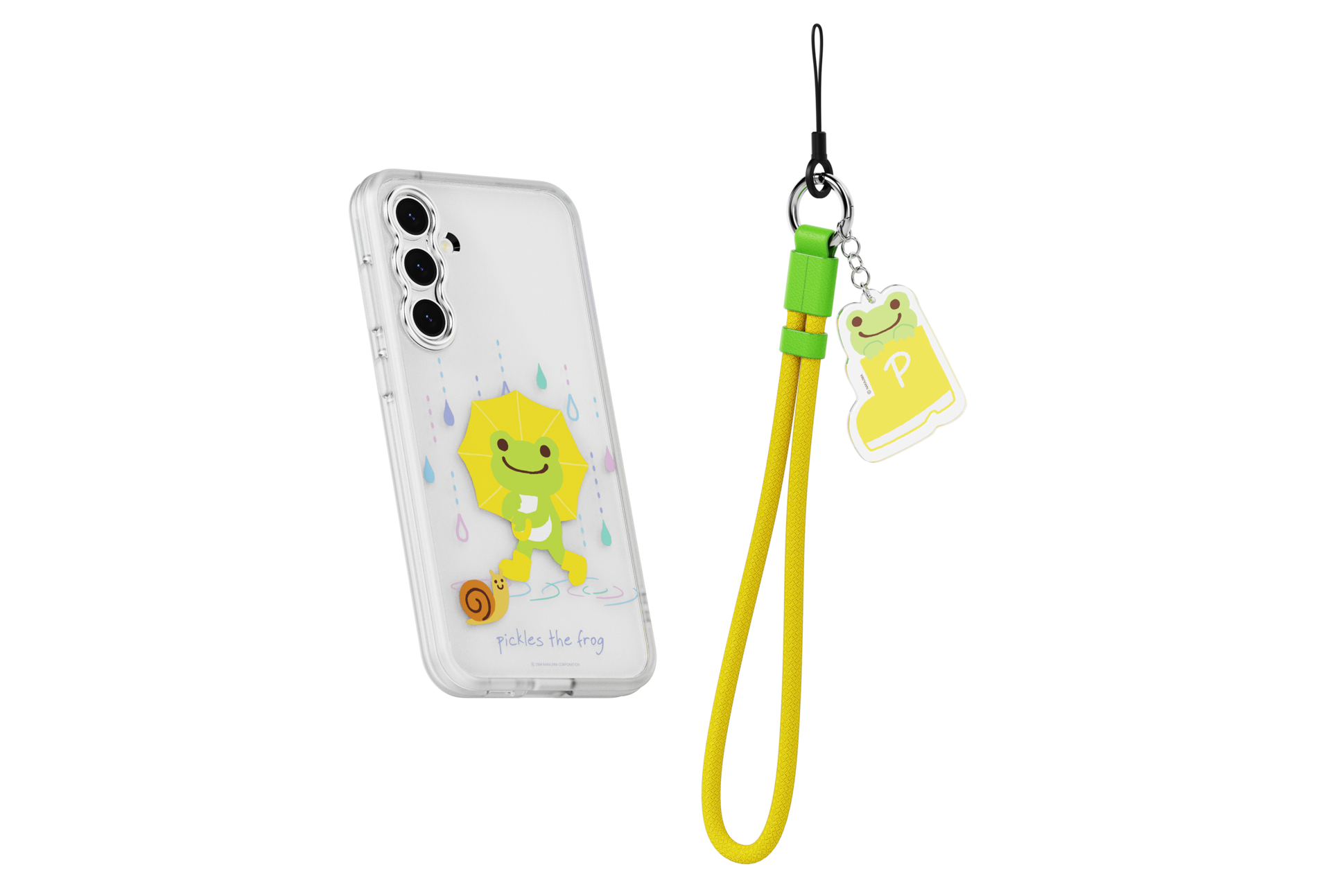갤럭시 S23 FE pickles the frog 버라이어티 케이스 (옐로우) 장착한 후 오른쪽으로 20도 돌아간 후 뒤로 20도 기울어진 정면 이미지와 키링 이미지