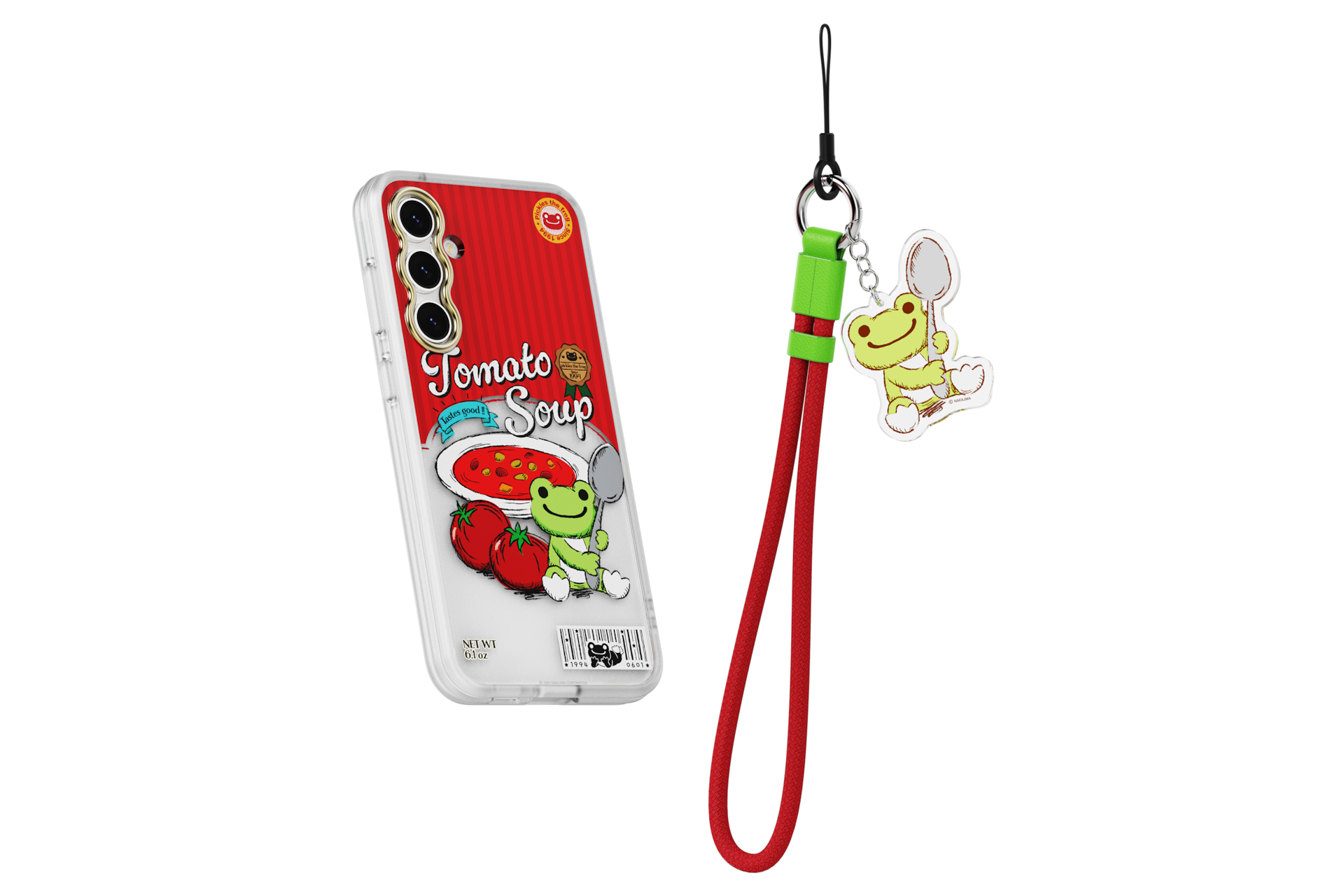 갤럭시 S23 FE pickles the frog 버라이어티 케이스 (레드) 장착한 후 오른쪽으로 20도 돌아간 후 뒤로 20도 기울어진 정면 이미지와 키링 이미지