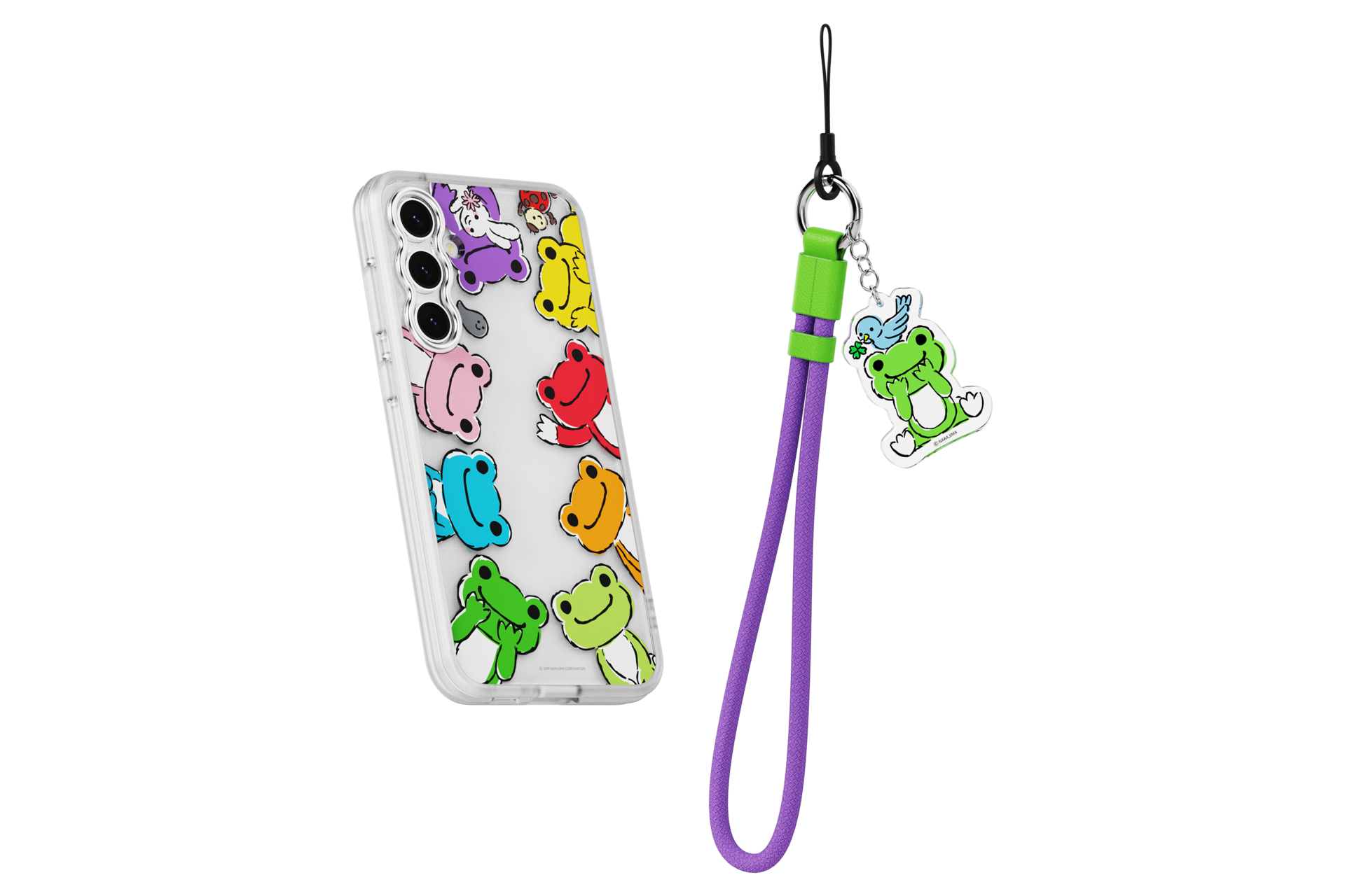 갤럭시 S23 FE pickles the frog 버라이어티 케이스 (퍼플) 장착 후 오른쪽으로 20도 돌아가 뒤로 20도 기울어진 정면 이미지와 키링 이미지 