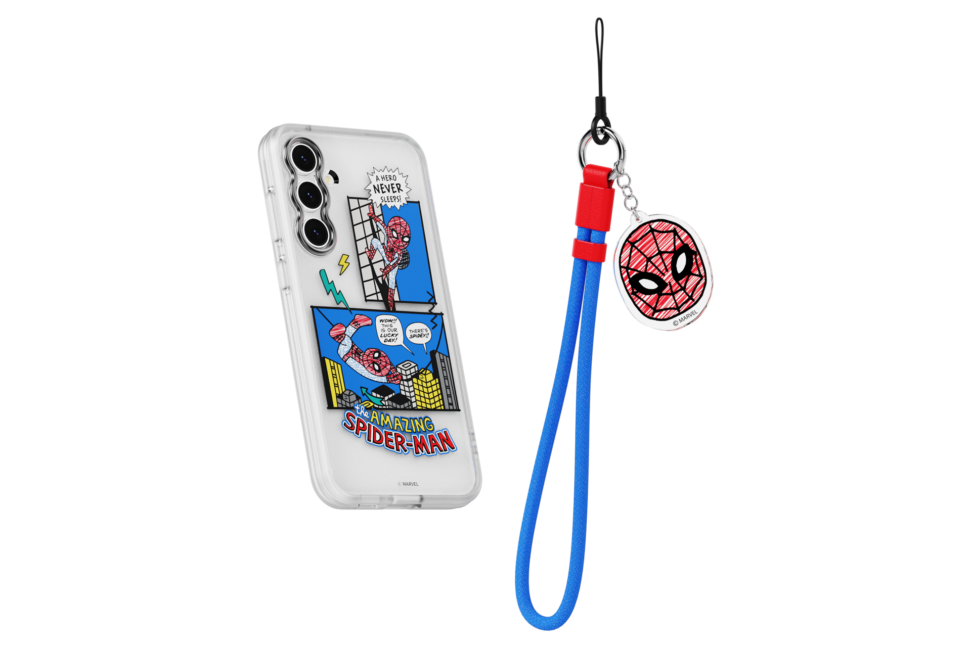 갤럭시 S23 FE 마블 버라이어티 케이스 (블루) 장착 후 오른쪽으로 20도 돌아간 후 뒤로 20도 기울어진 정면 이미지와 키링 이미지