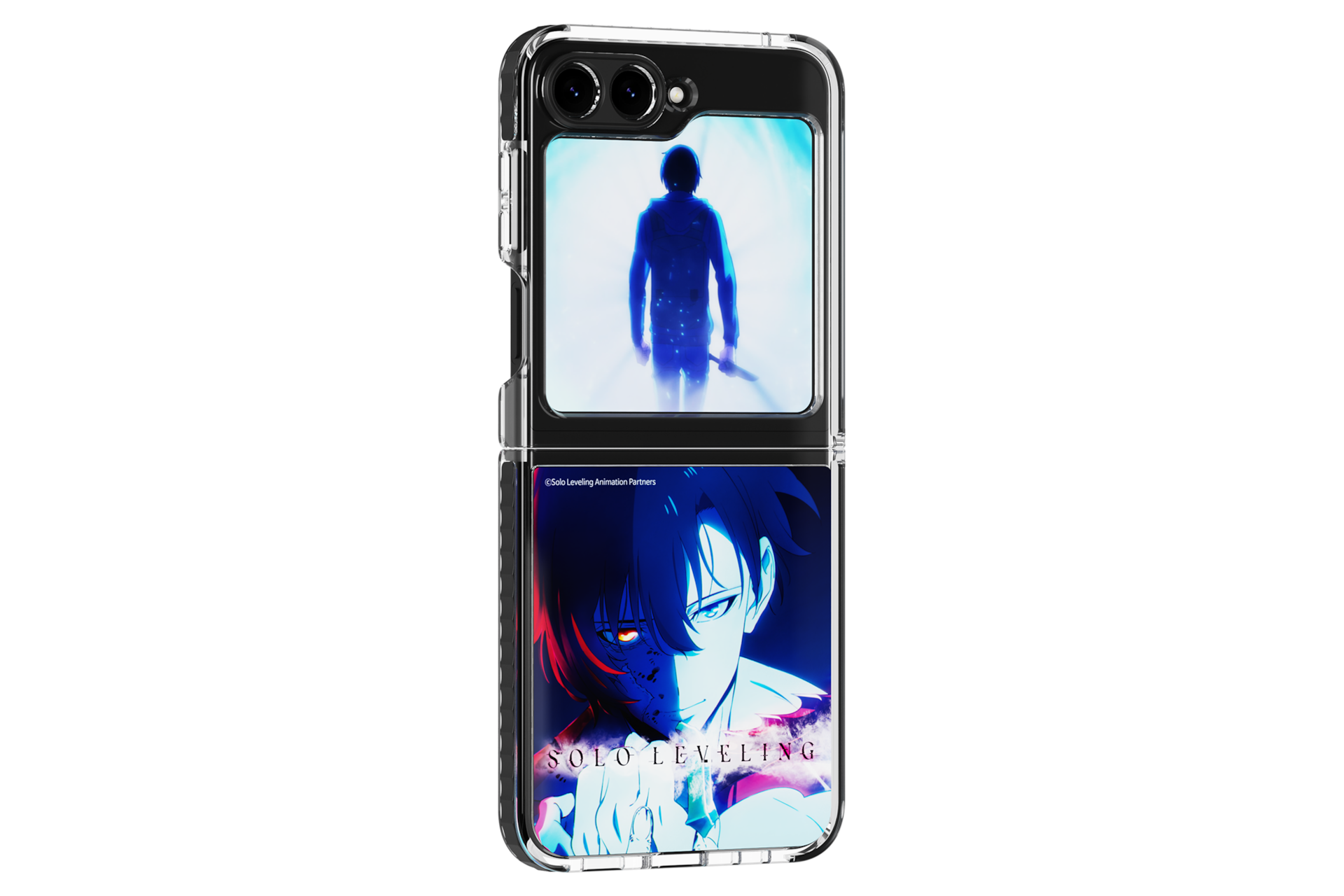 갤럭시 Z 플립5 나 혼자만 레벨업 수트 케이스 with 플립수트 카드 (네이비) 장착 후 오른쪽으로 20도 돌아간 정면 이미지