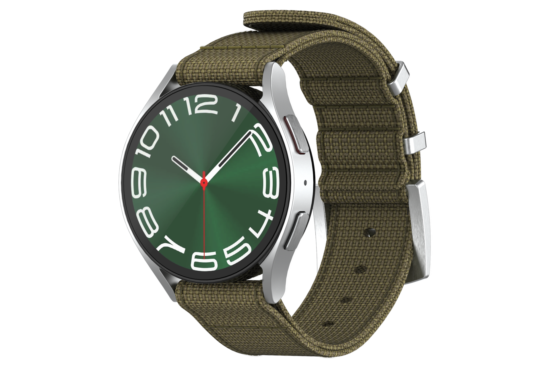 갤럭시 워치6 나토 스트랩 (카키) 워치를 장착 후 동그랗게 말린 이미지