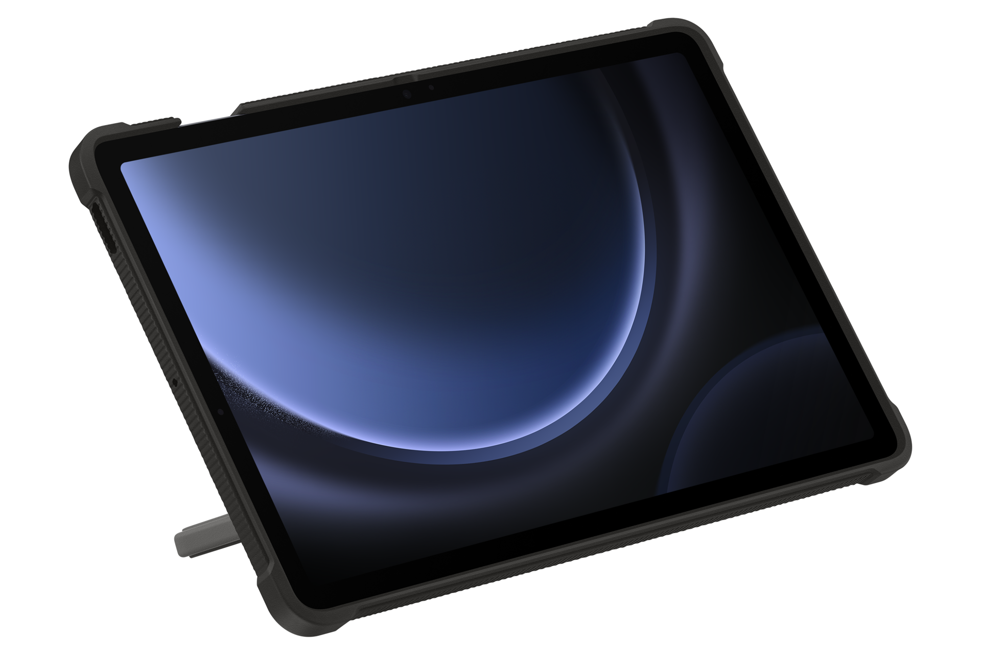갤럭시 탭 S9 FE 아웃도어 커버 (블랙) 가로로 눕힌 후 킥 스탠드를 이용해 세워 오른쪽으로 20도 돌아간 뒷면 이미지