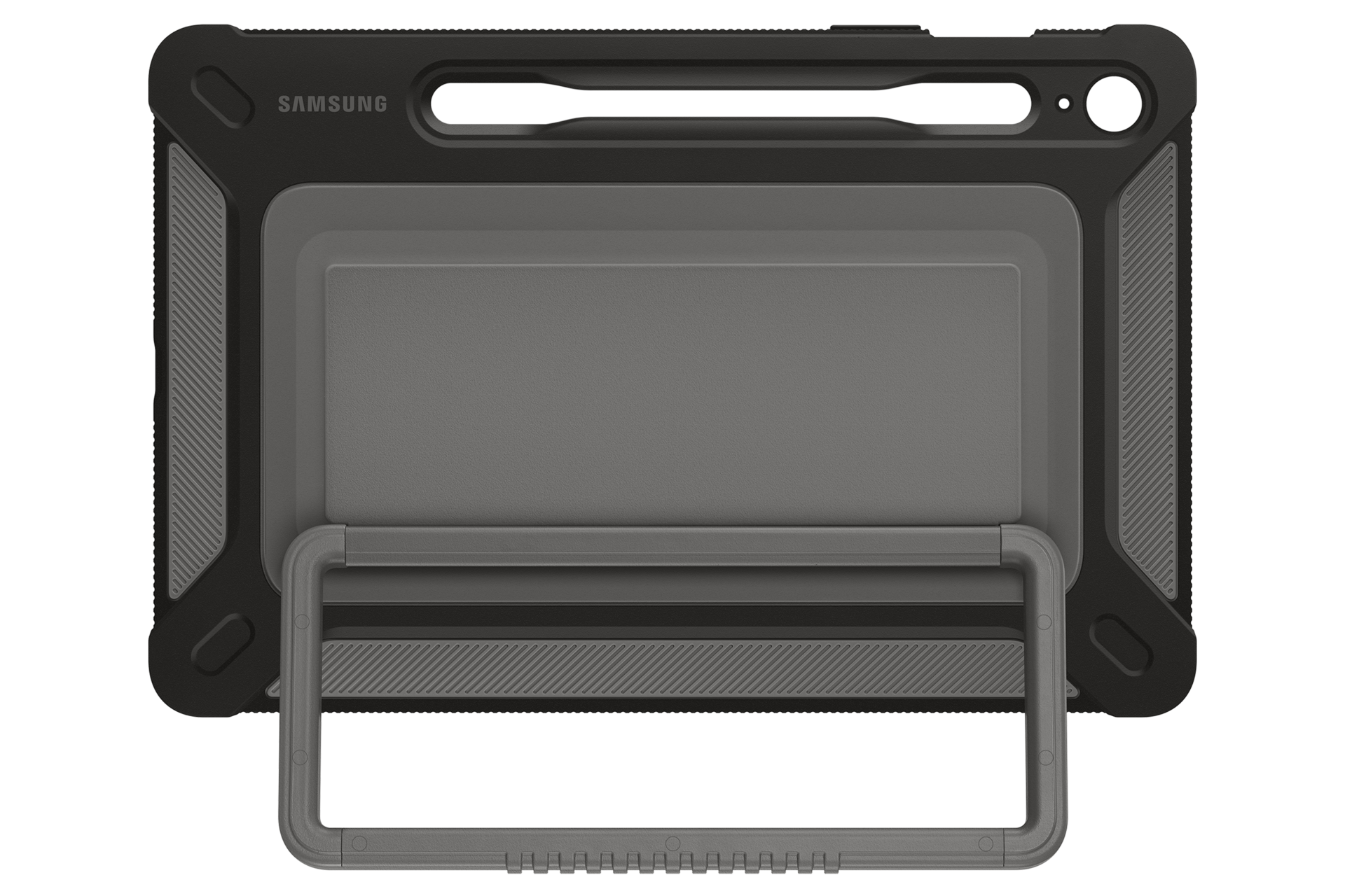 갤럭시 탭 S9 FE 아웃도어 커버 (블랙) 가로로 눕힌 후 킥 스탠드를 이용해 세워 놓은 이미지