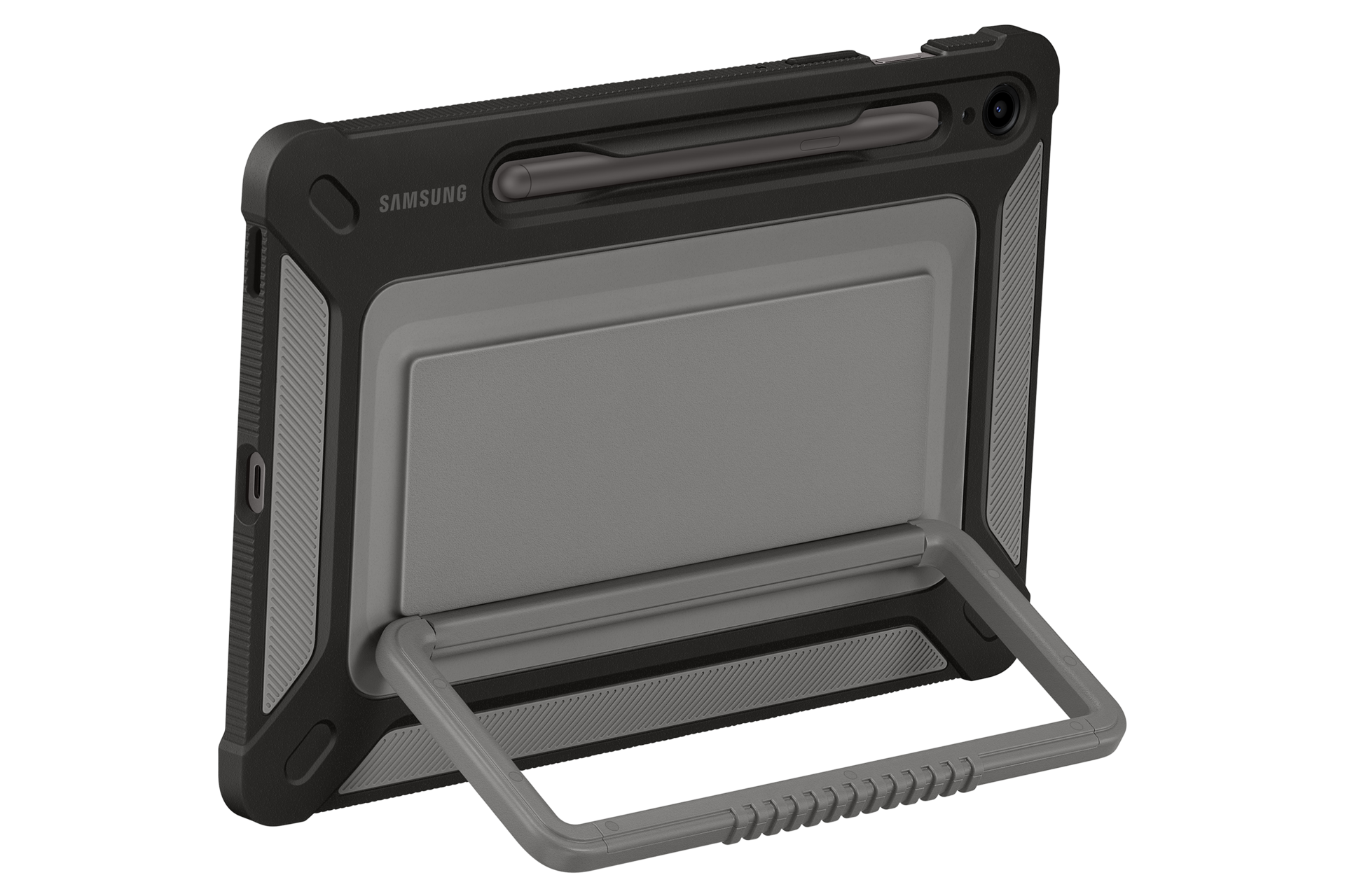갤럭시 탭 S9 FE 아웃도어 커버 (블랙) 가로로 눕힌 후 킥 스탠드를 이용해 세워 오른쪽으로 20도 돌아간 정면 이미지
