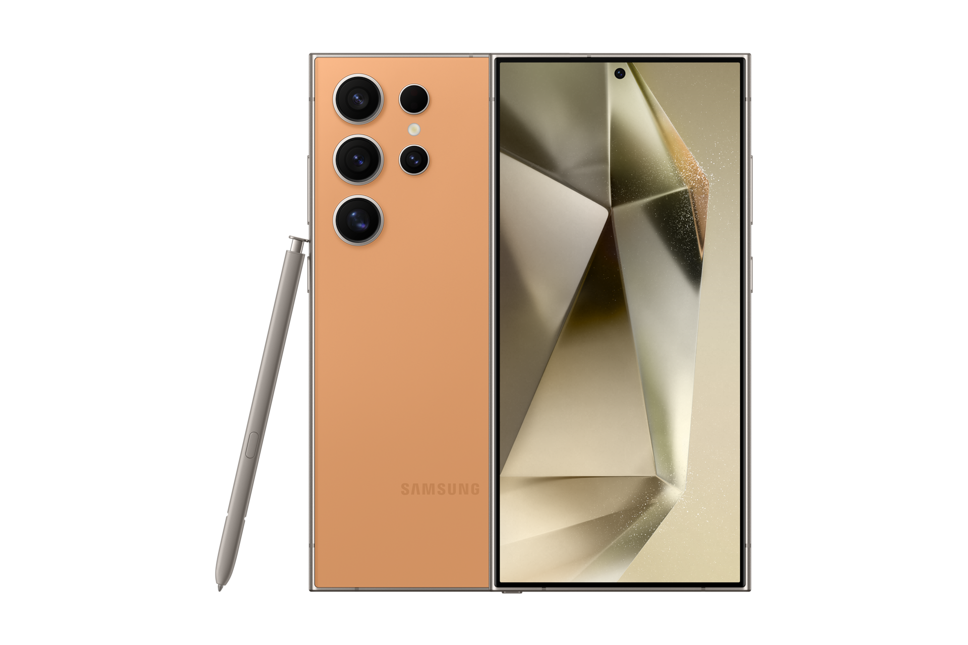 갤럭시 S24 Ultra 자급제 (삼성닷컴/삼성 강남 전용컬러) 티타늄 오렌지 제품 2개가 나란히 포개져 있고, 왼쪽에는 카메라 홀이 보이는 뒷면 방향으로 오른쪽에는 메인 디스플레이가 보이는 정면 방향으로 제품이 놓여 있습니다. 
