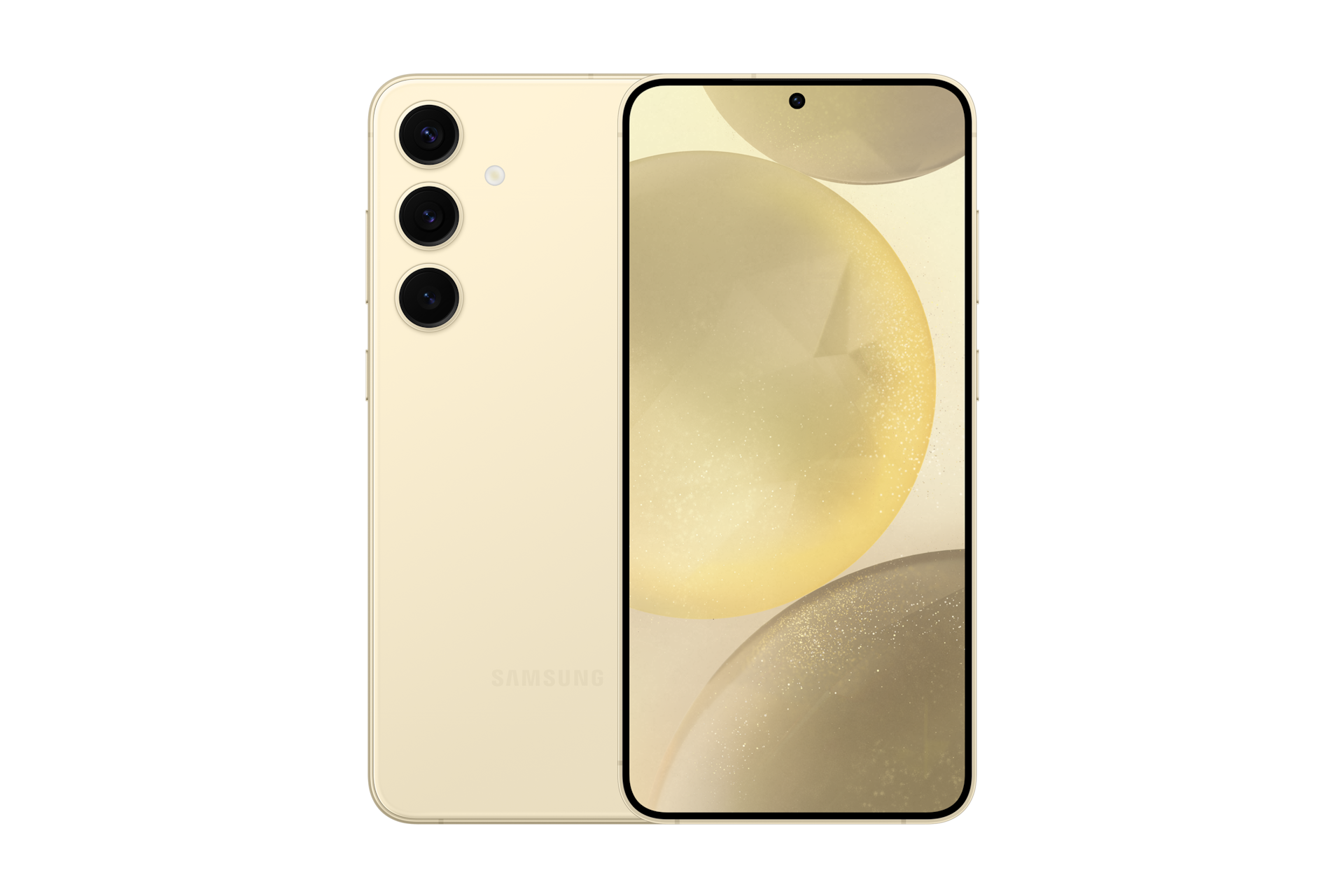 갤럭시 S24+ 자급제 앰버 옐로우 제품 2개가 나란히 포개져 있고, 왼쪽에는 카메라 홀이 보이는 뒷면 방향으로 오른쪽에는 메인 디스플레이가 보이는 정면 방향으로 제품이 놓여 있습니다. 