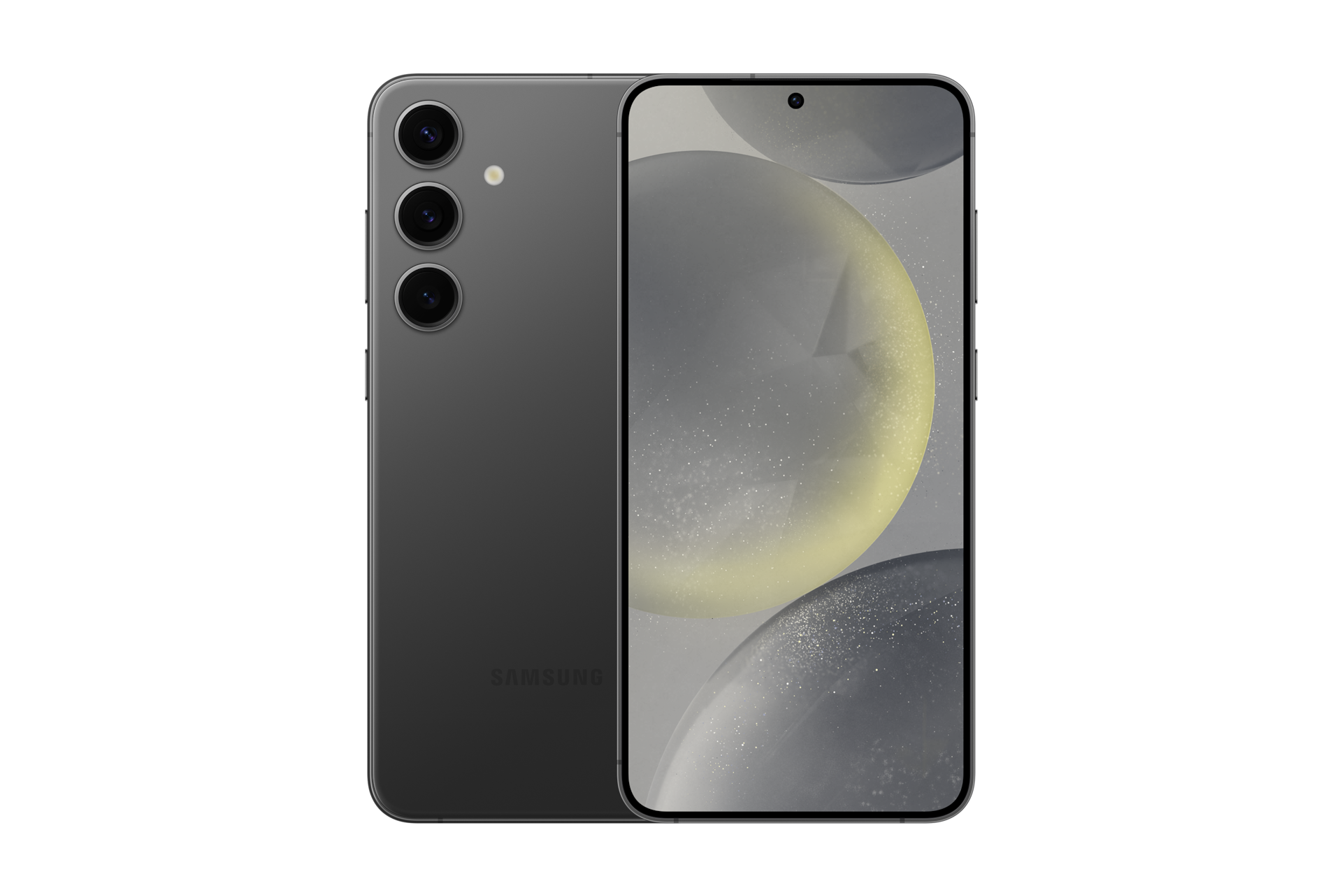 갤럭시 S24+ 통신사폰 (SKT/KT/LG U+) 오닉스 블랙 제품 2개가 나란히 포개져 있고, 왼쪽에는 카메라 홀이 보이는 뒷면 방향으로 오른쪽에는 메인 디스플레이가 보이는 정면 방향으로 제품이 놓여 있습니다. 