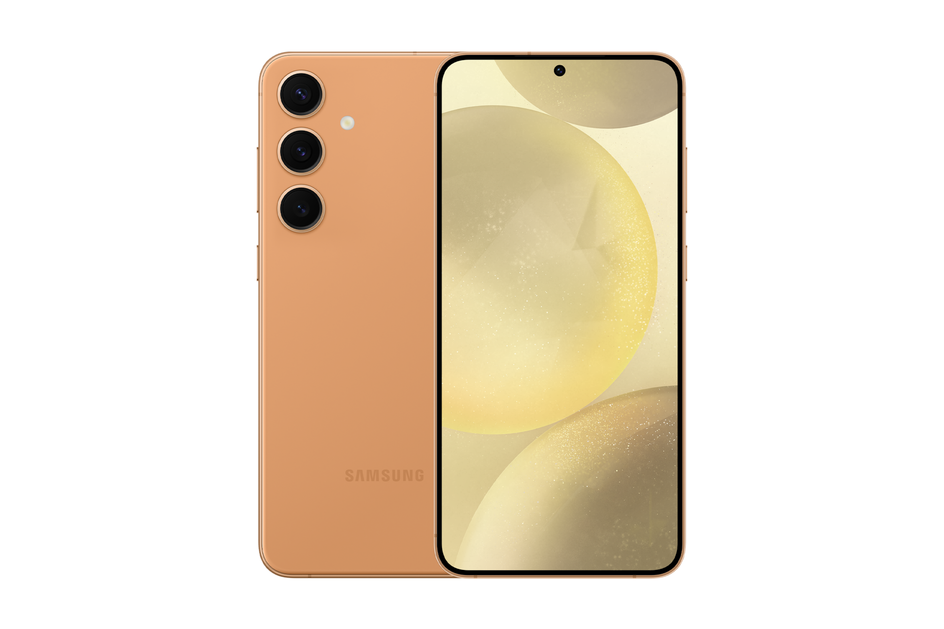 갤럭시 S24+ 자급제 (삼성닷컴/삼성 강남 전용컬러) 샌드스톤 오렌지 제품 2개가 나란히 포개져 있고, 왼쪽에는 카메라 홀이 보이는 뒷면 방향으로 오른쪽에는 메인 디스플레이가 보이는 정면 방향으로 제품이 놓여 있습니다. 