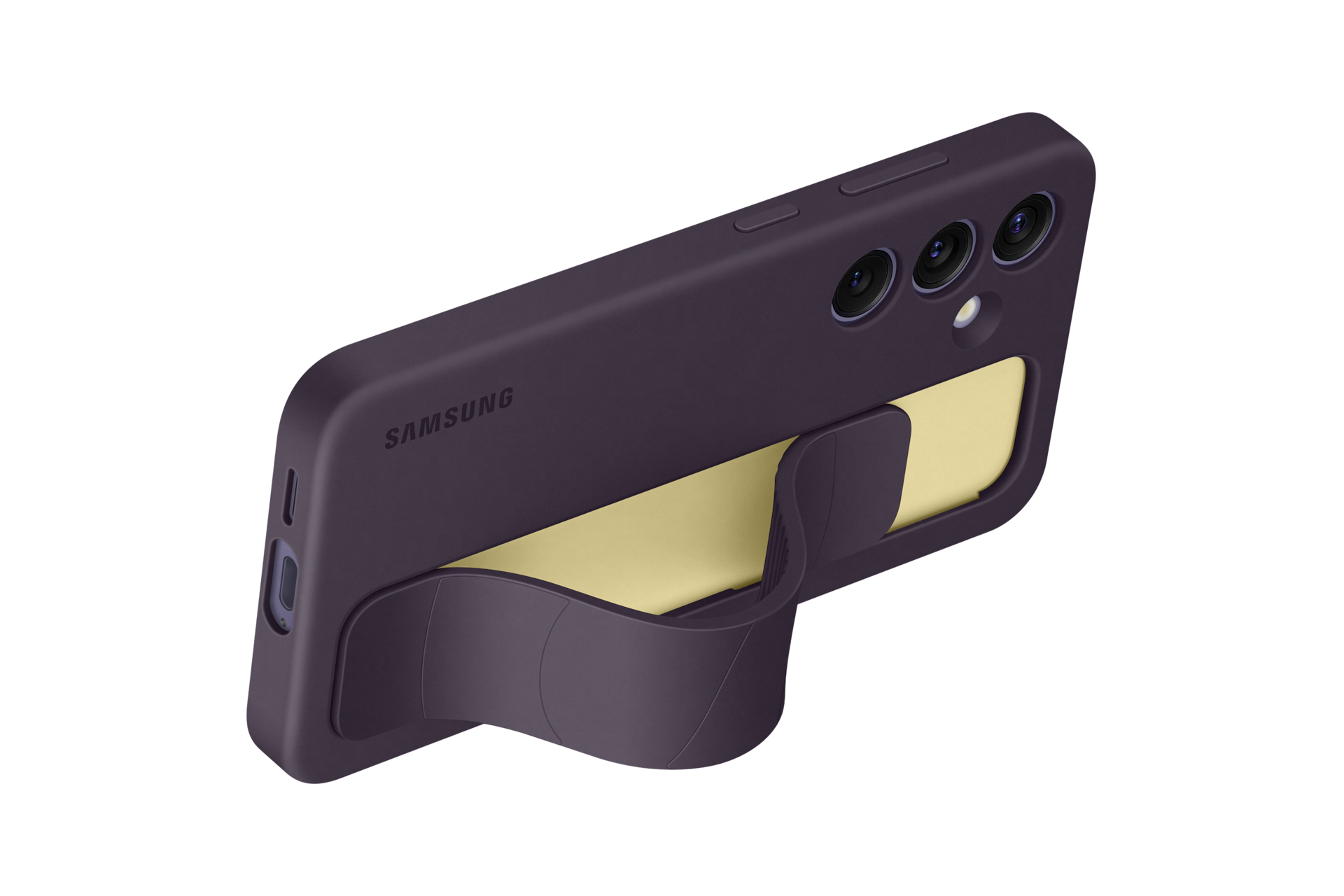 갤럭시 S24 스탠딩 그립 케이스 (다크 바이올렛) 장착 후 스트랩을 사용해 가로로 눕혀 스탠드로 사용하는 정면 이미지