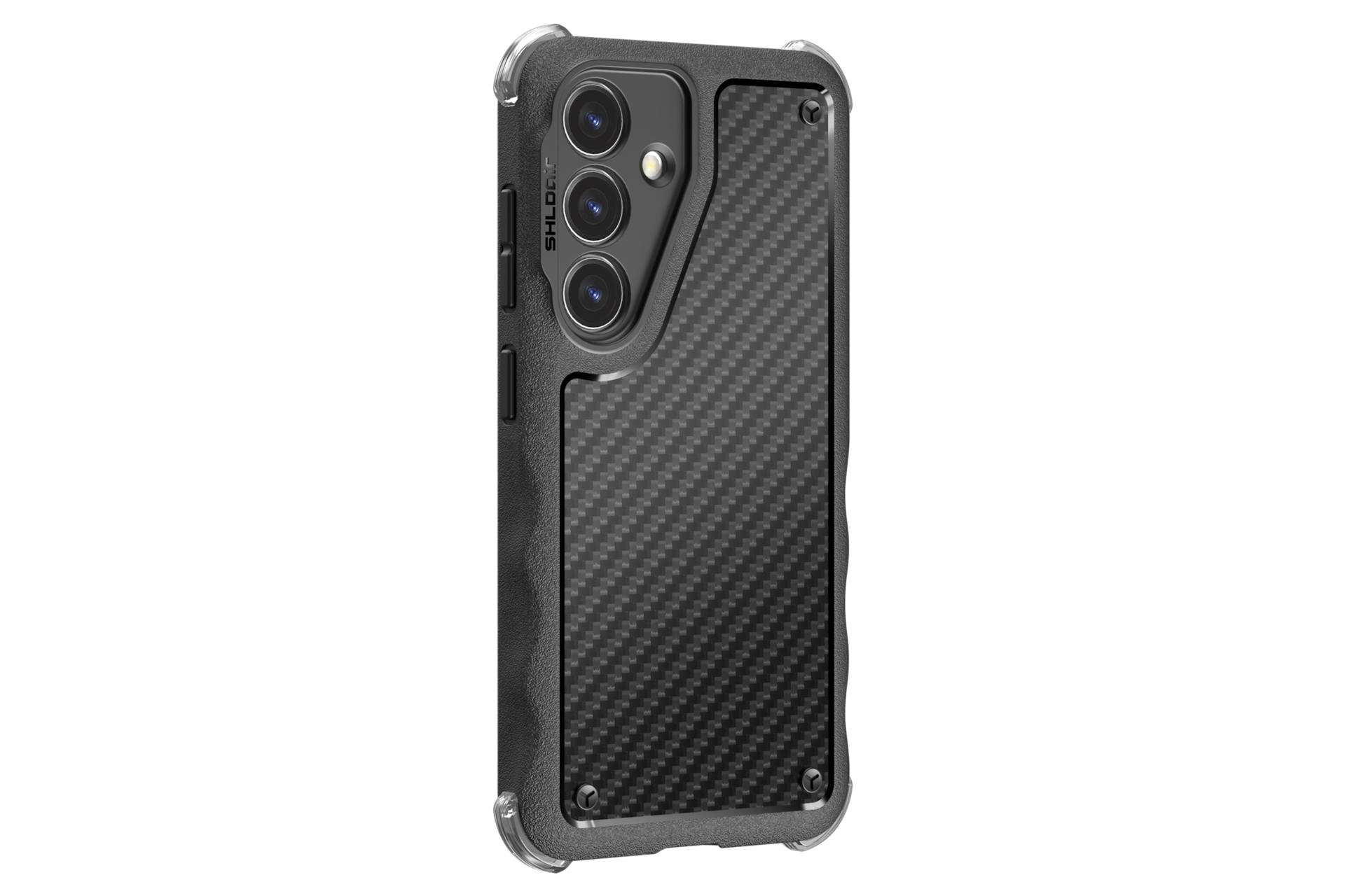 갤럭시 S24 쉴드에어 러기드 케이스 (블랙) 장착 후 오른쪽으로 20도 돌아간 정면 이미지