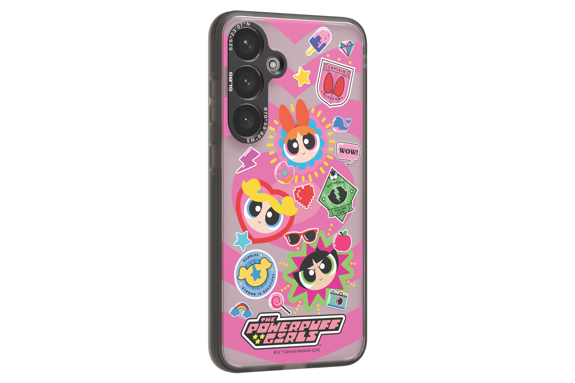 갤럭시 S24+ 파워퍼프걸 임프레션 케이스 (핑크) 장착 후 오른쪽으로 20도 돌아간 정면 이미지