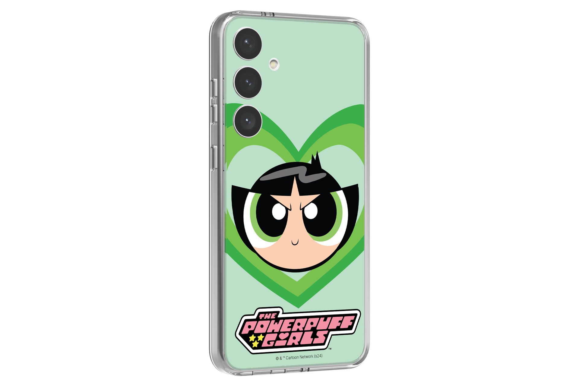 갤럭시 S24+ 파워퍼프걸 플립수트 카드 (핑크) 단말에 장착 후 오른쪽으로 20도 돌아간 정면 이미지