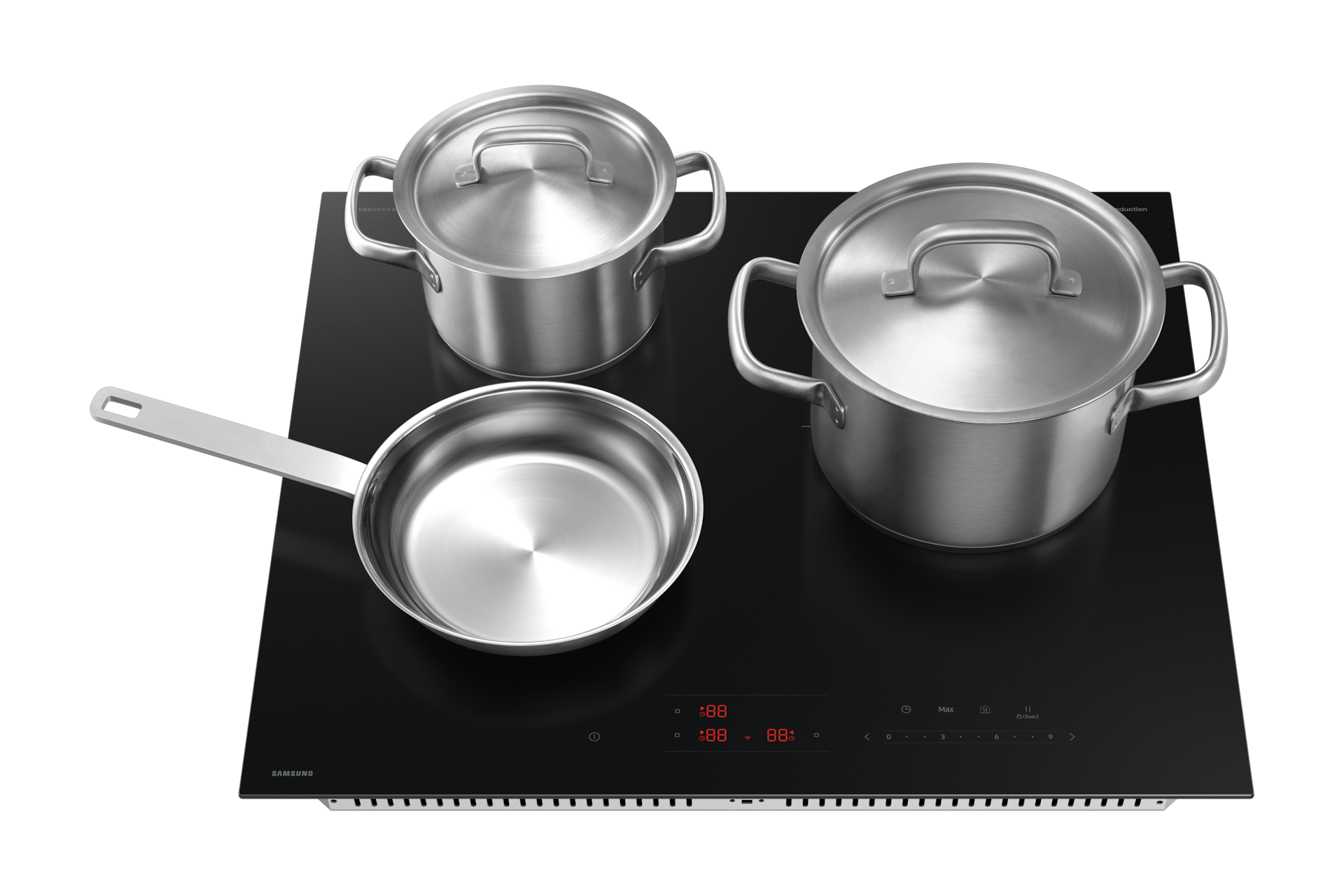NZ63DB503CFT 새틴 블랙 BESPOKE 인덕션 상측 뷰 스레인리스 냄비 3개 올려져 있음