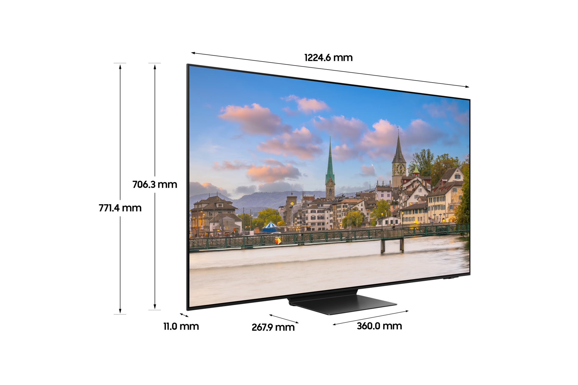 OLED SD95 138 cm 스탠드형 상세사이즈가 기재된 디멘션 컷 이미지입니다. 