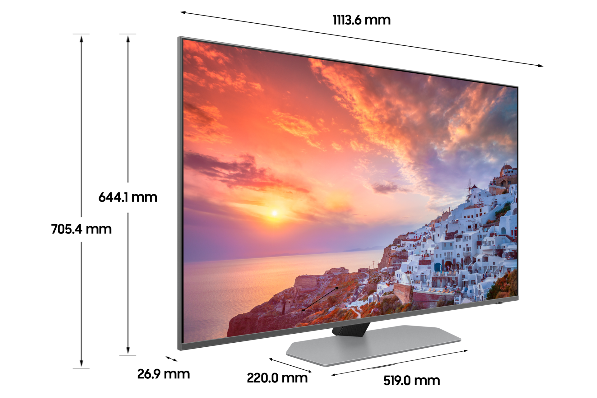 Neo QLED QND90 125 cm 스탠드형 상세사이즈가 기재된 디멘션 컷 이미지입니다. 