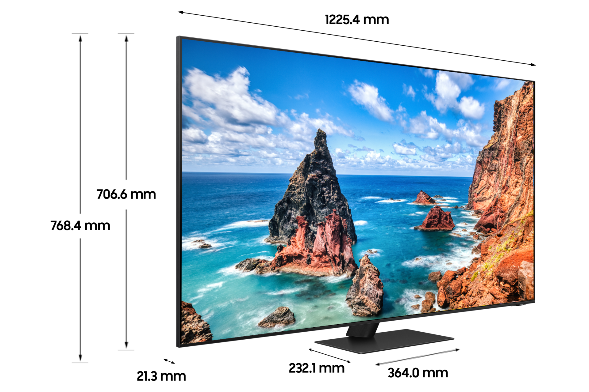 Neo QLED QND95 138 cm 스텐드형 상세사이즈가 기재된 디멘션 컷 이미지입니다. 