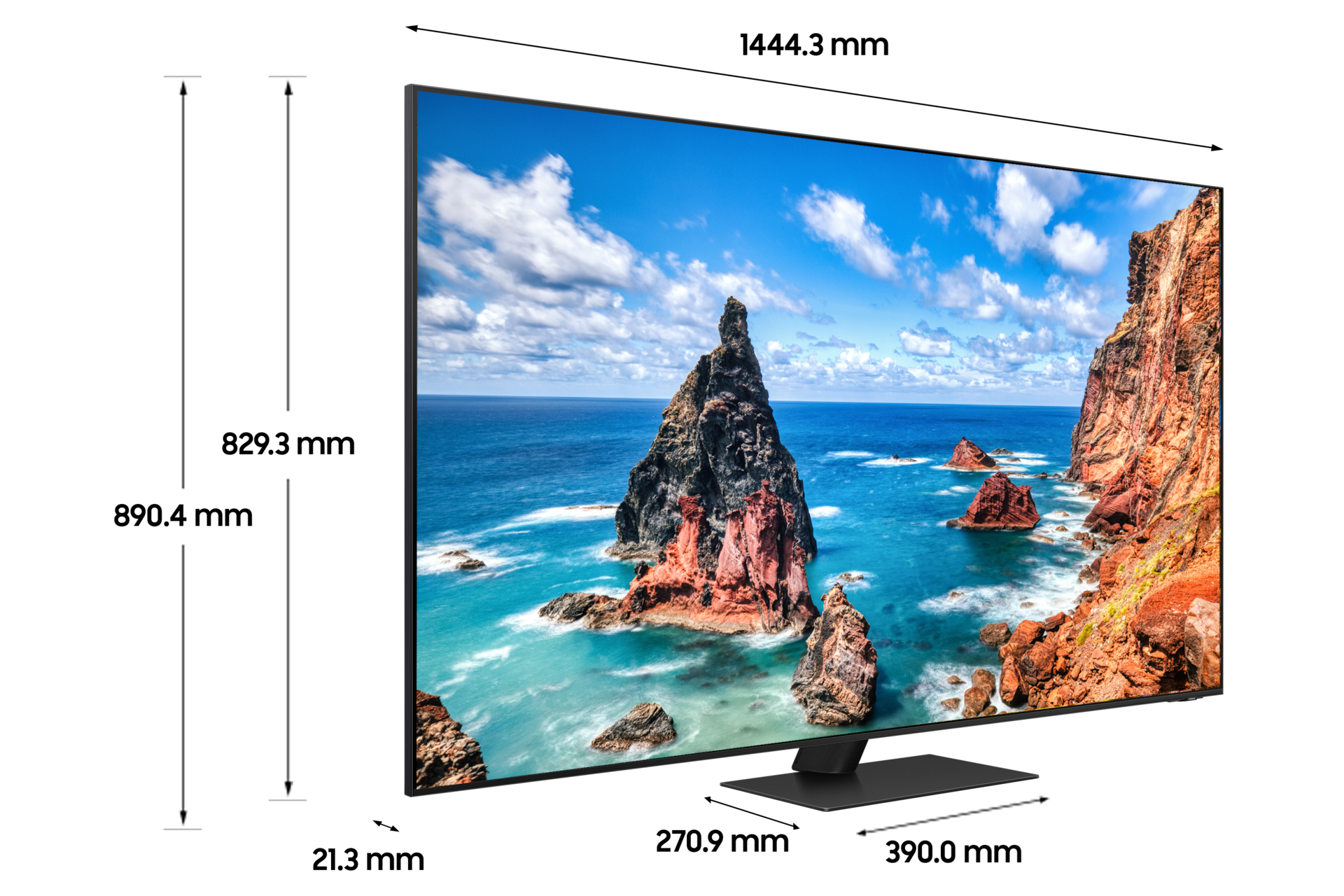 Neo QLED QND95 189 cm 스탠드형 상세사이즈가 기재된 디멘션 컷 이미지입니다. 