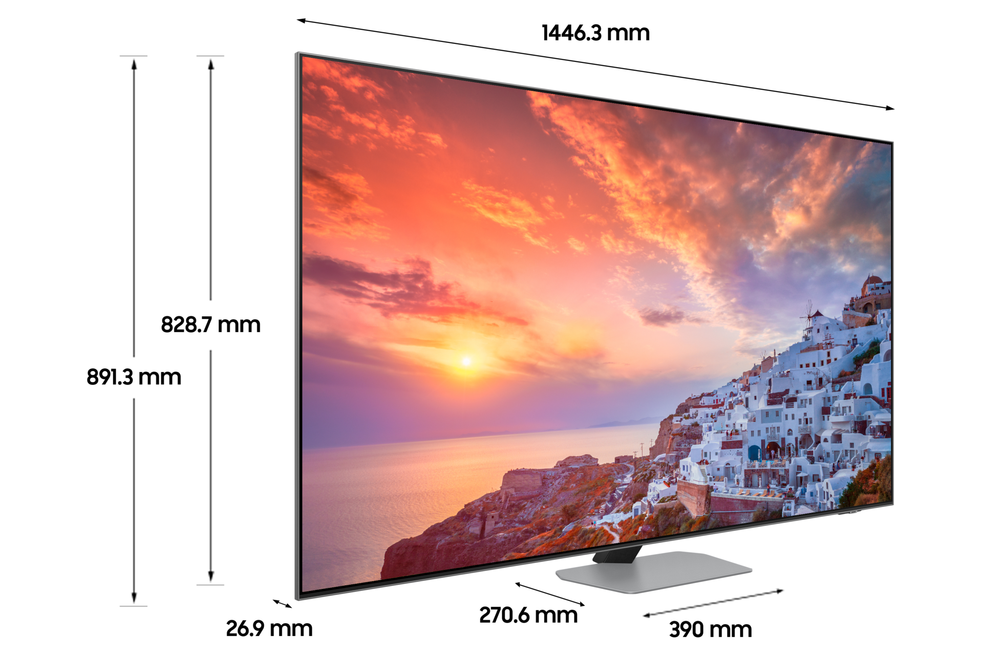 Neo QLED QND90 163 cm 스탠드형 상세사이즈가 기재된 디멘션 컷 이미지입니다. 