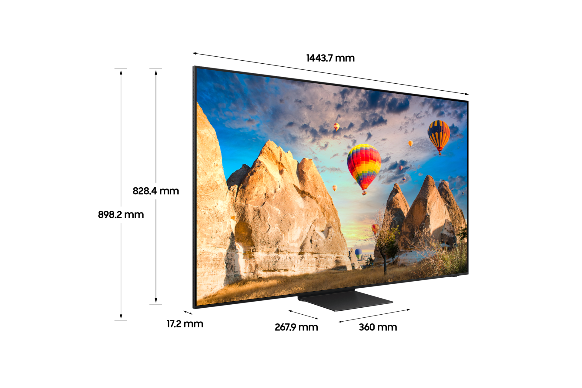 Neo QLED 8K QND850 163 cm 스텐드형 상세사이즈가 기재된 디멘션 컷 이미지입니다. 