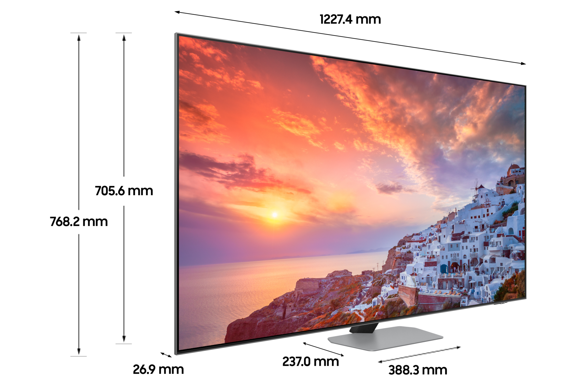 Neo QLED QND90 138 cm 스탠드형 상세사이즈가 기재된 디멘션 컷 이미지입니다. 