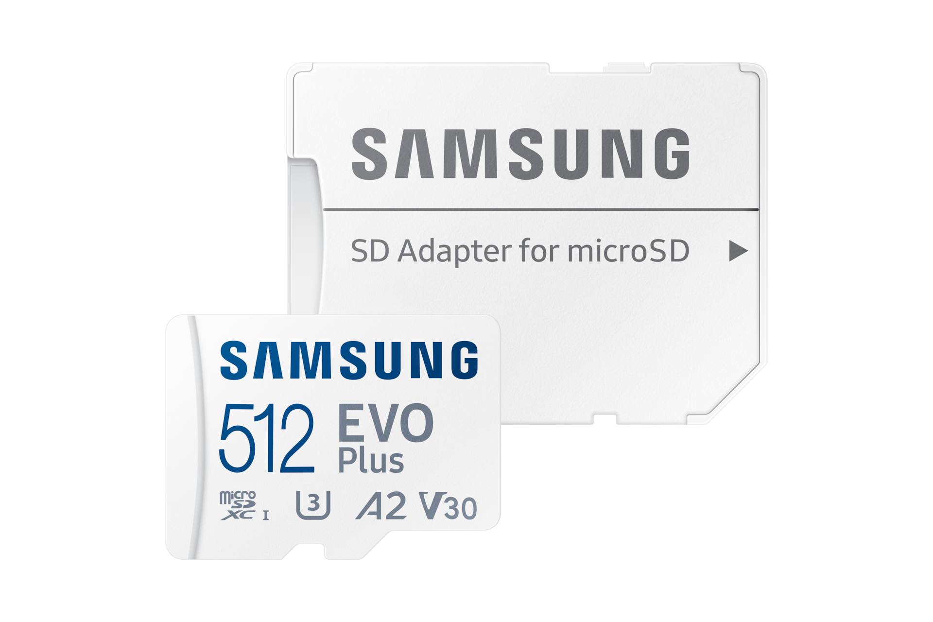 마이크로SD 메모리카드 EVO Plus 512 GB (화이트) 정면 이미지와 SD 어댑터 정면 이미지가 겹쳐있는 이미지