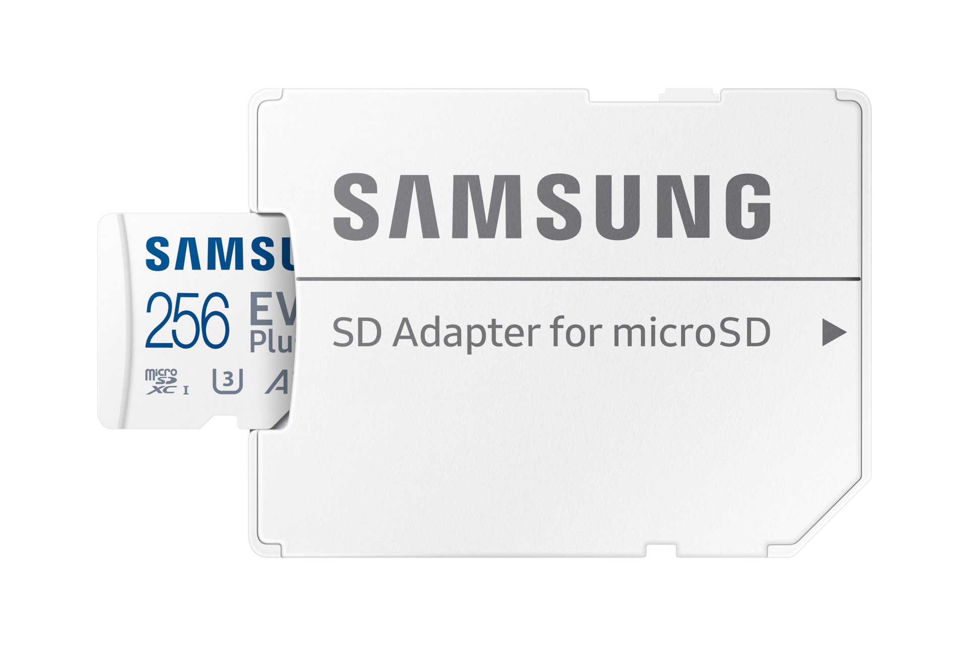 마이크로SD 메모리카드 EVO Plus 256 GB (화이트) 를 SD 어댑터에 장착하는 정면 이미지