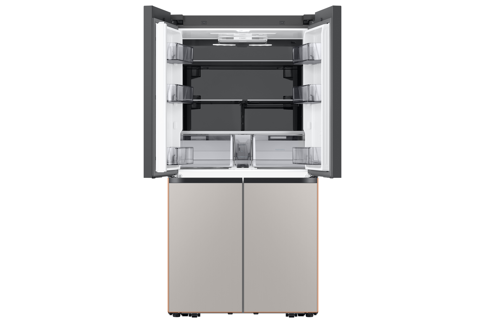 BESPOKE 냉장고 Infinite Line 4도어 키친핏 594 L 타임리스 그레이지 상단 도어 오픈