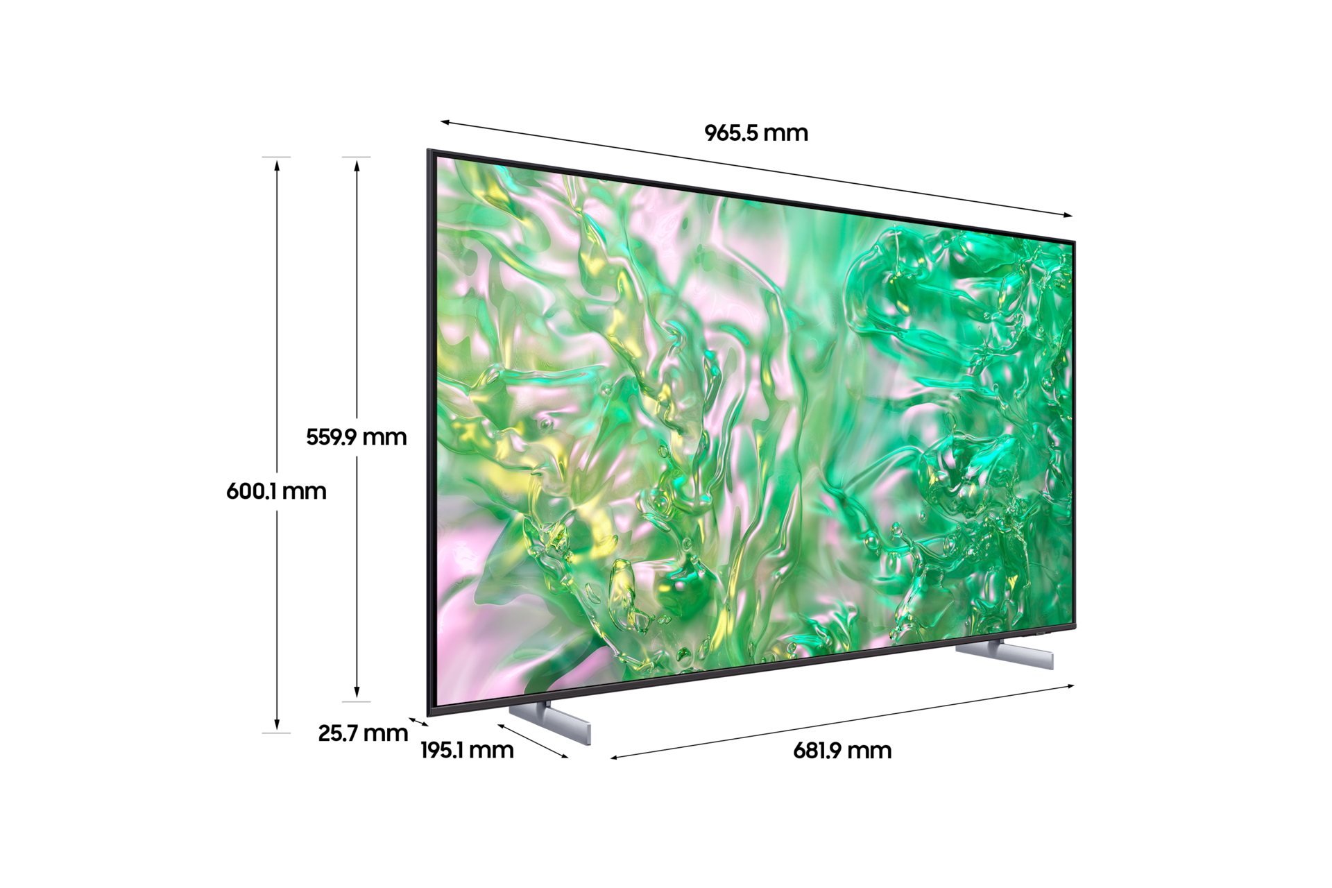 Crystal UHD UD8000 108 cm 스탠드형 상세사이즈가 기재된 디멘션 컷 이미지입니다. 