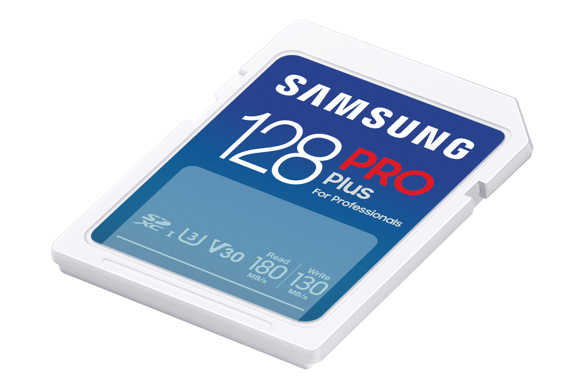 SD 메모리카드 PRO Plus with Reader 128 GB (블루) 오른쪽으로 40도 기울인 후 바닥에 눕힌 정면 이미지
