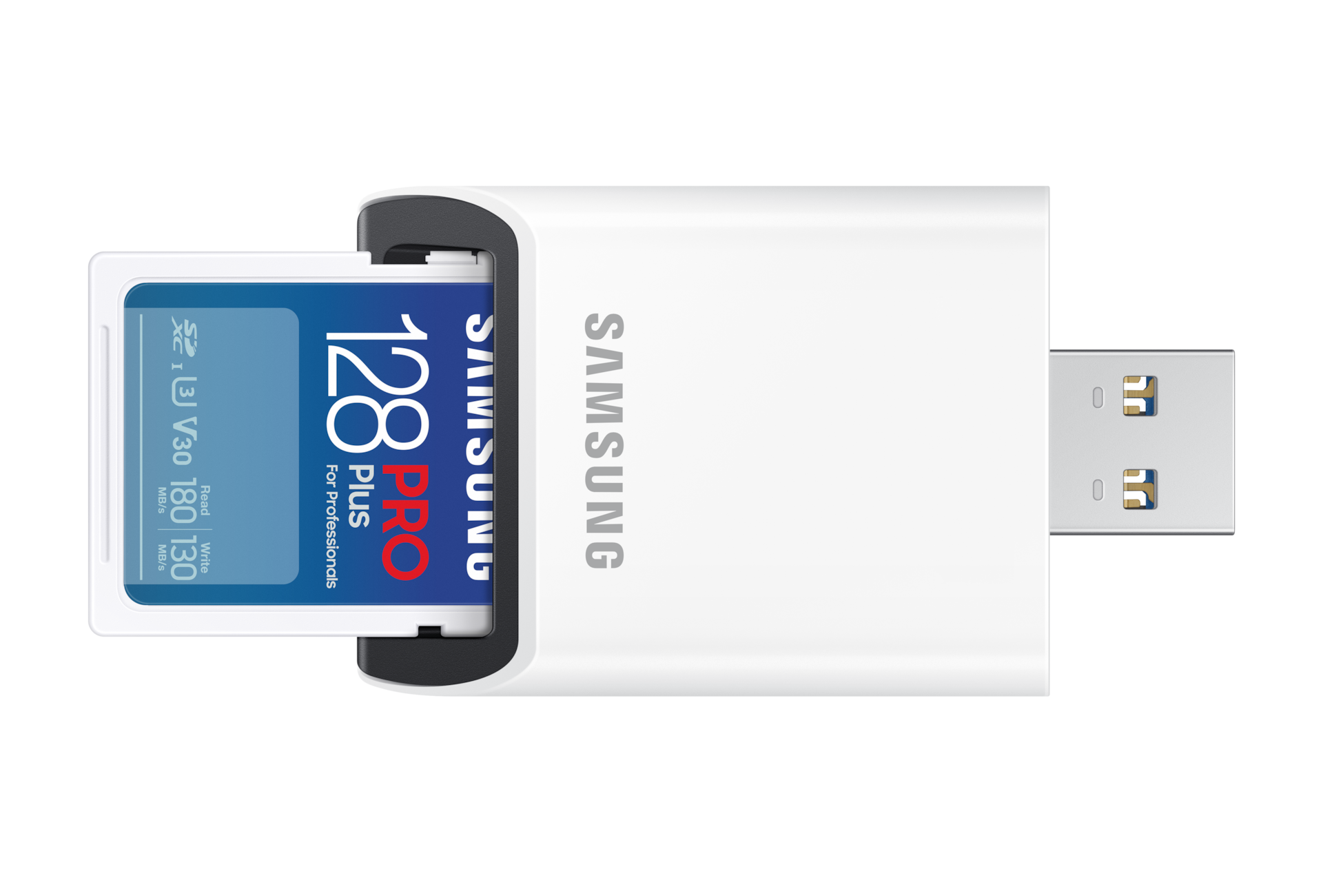SD 메모리카드 PRO Plus with Reader 128 GB (블루) 를 오른쪽으로 90도 기울인 후 SD 어댑터에 장착하는 정면 이미지