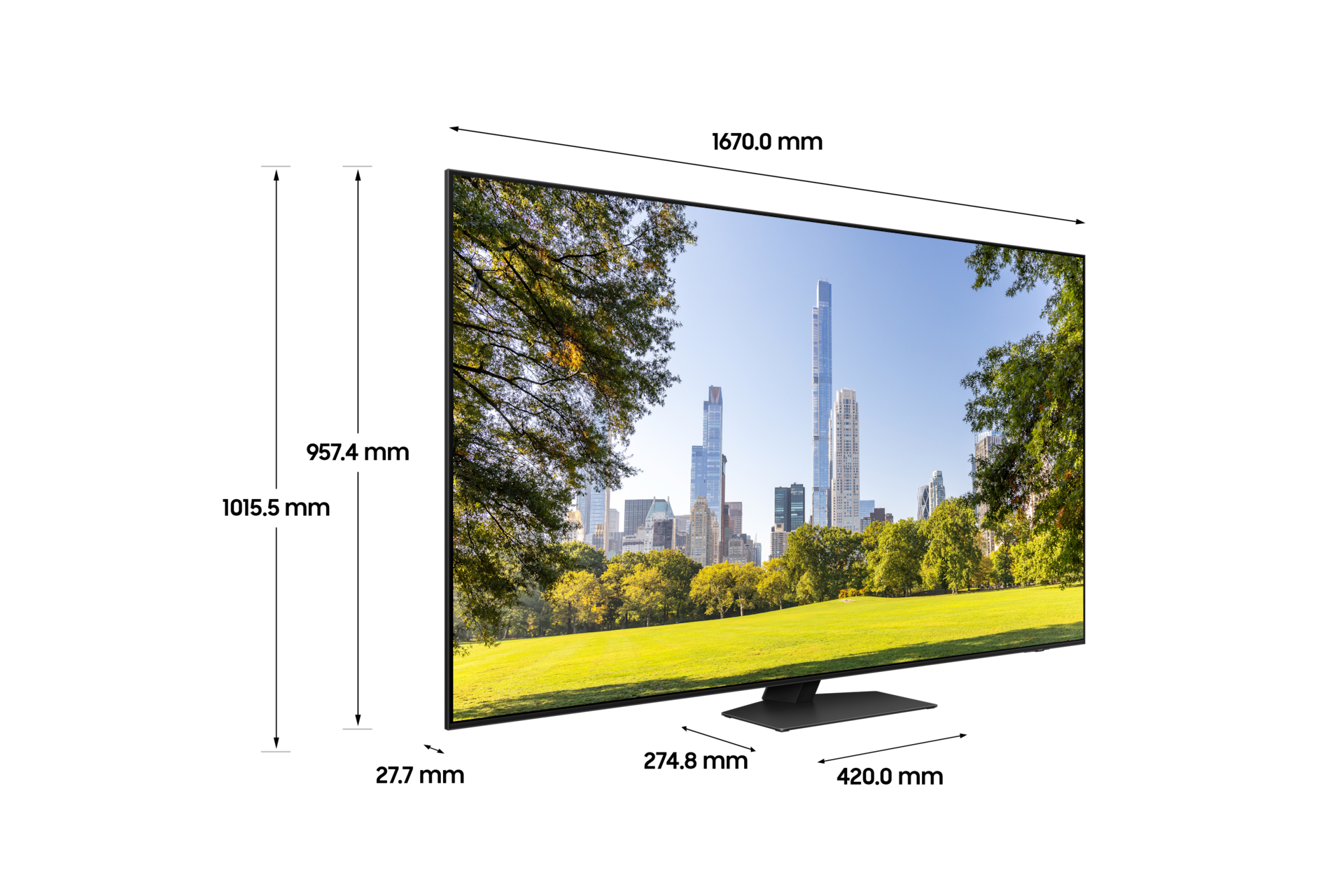 Neo QLED 4K QND87 189 cm 스탠드형 상세 사이즈가 기재된 디멘션 컷