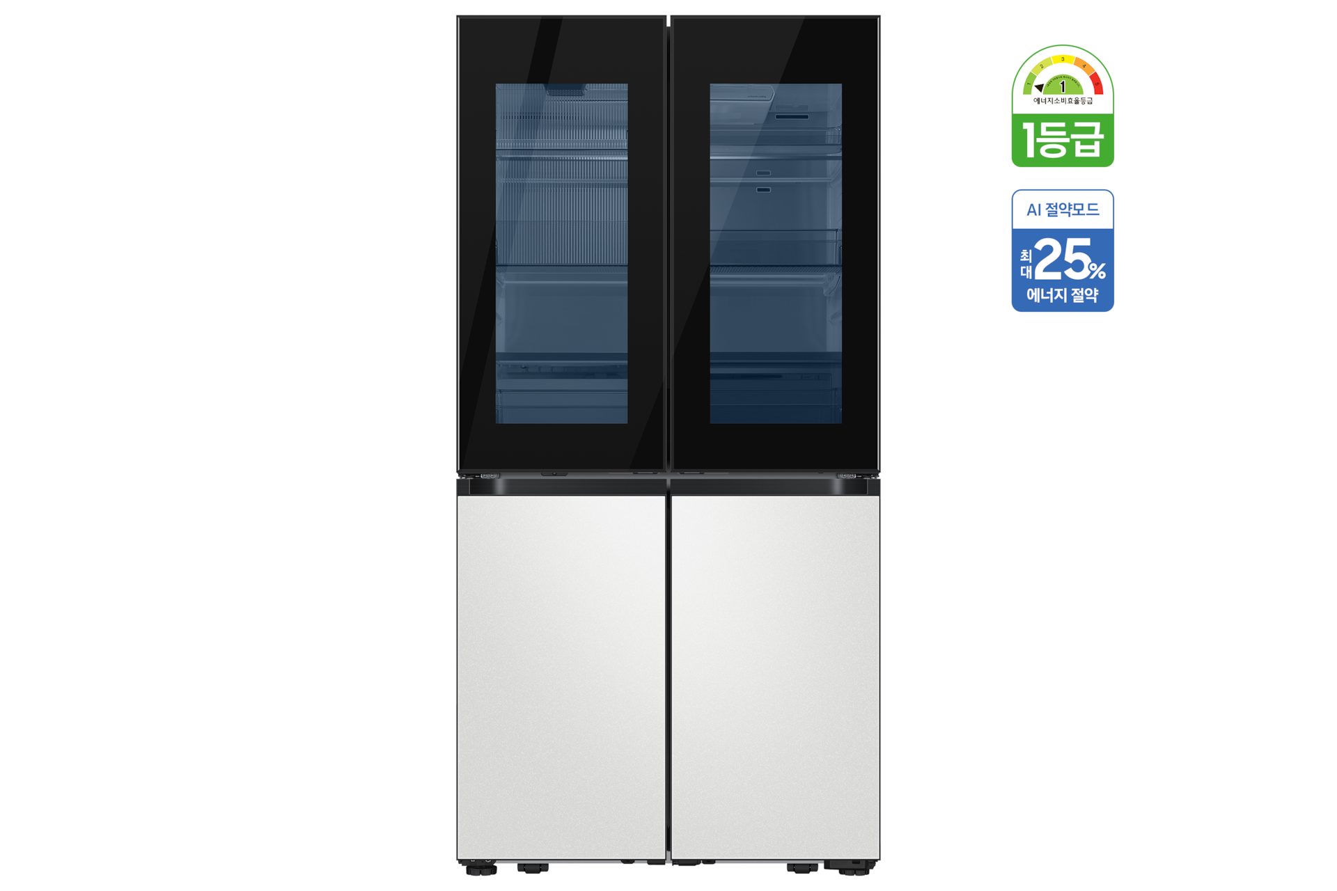 BESPOKE 냉장고 4도어 868 L 코타 화이트 정면 투명도어 라이팅 온, 에너지 소비효율 1등급, AI 절약 모드 최대 25% 에너지 절약 태그 부착