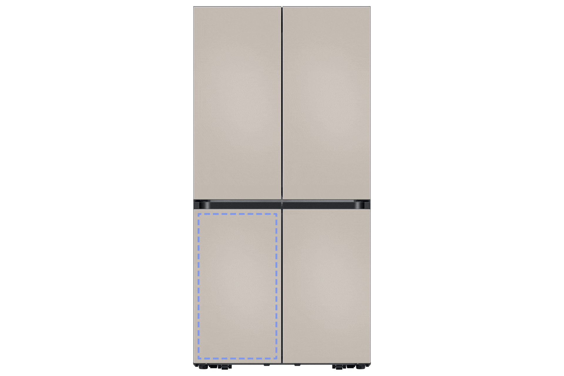 BESPOKE 냉장고 4도어 키친핏 패널 (하칸) 에센셜 베이지 상품이 냉장고에 장착된 이미지 