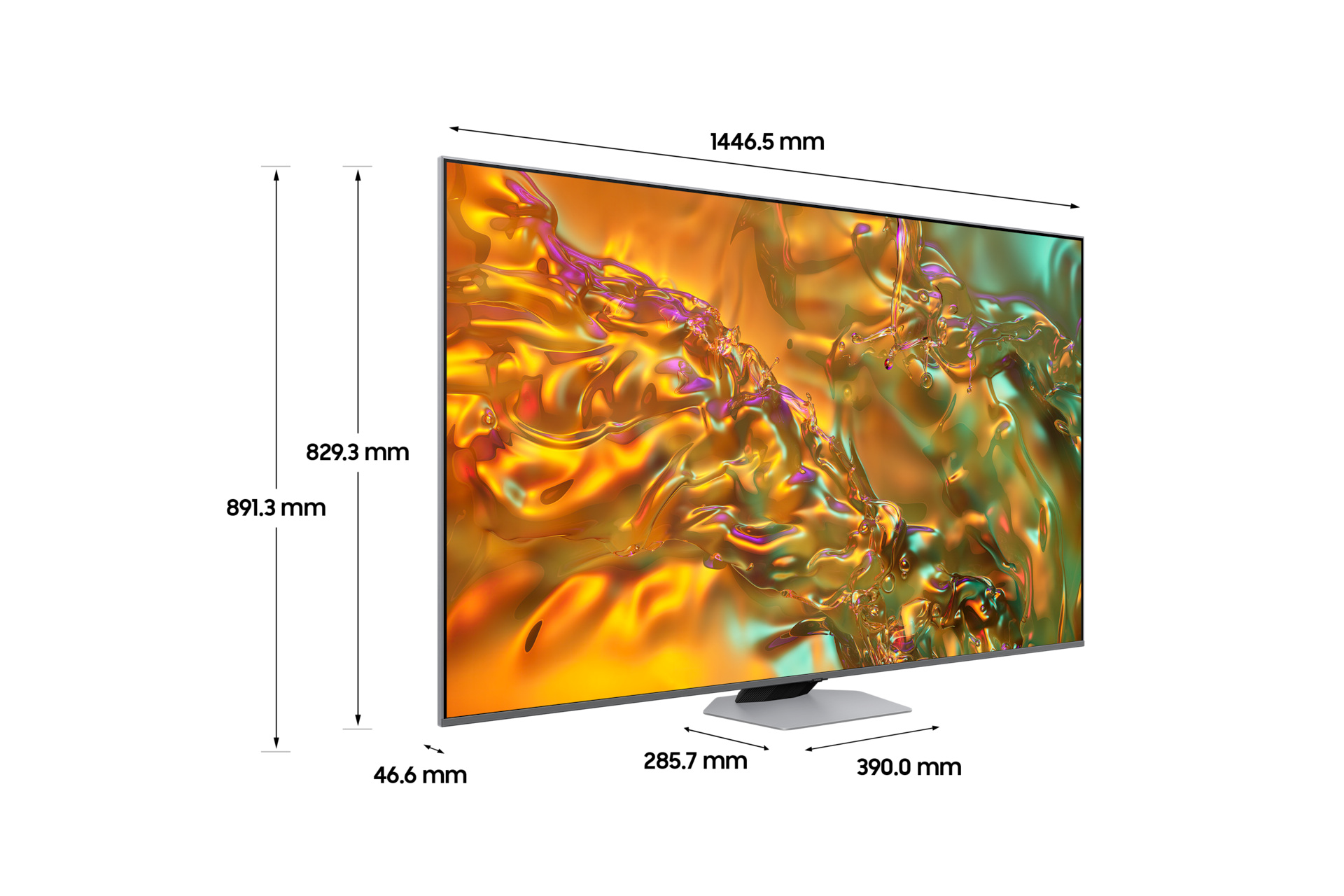 2024 QLED 4K QD80 (163 cm) 상세사이즈가 기재된 디멘션 컷 