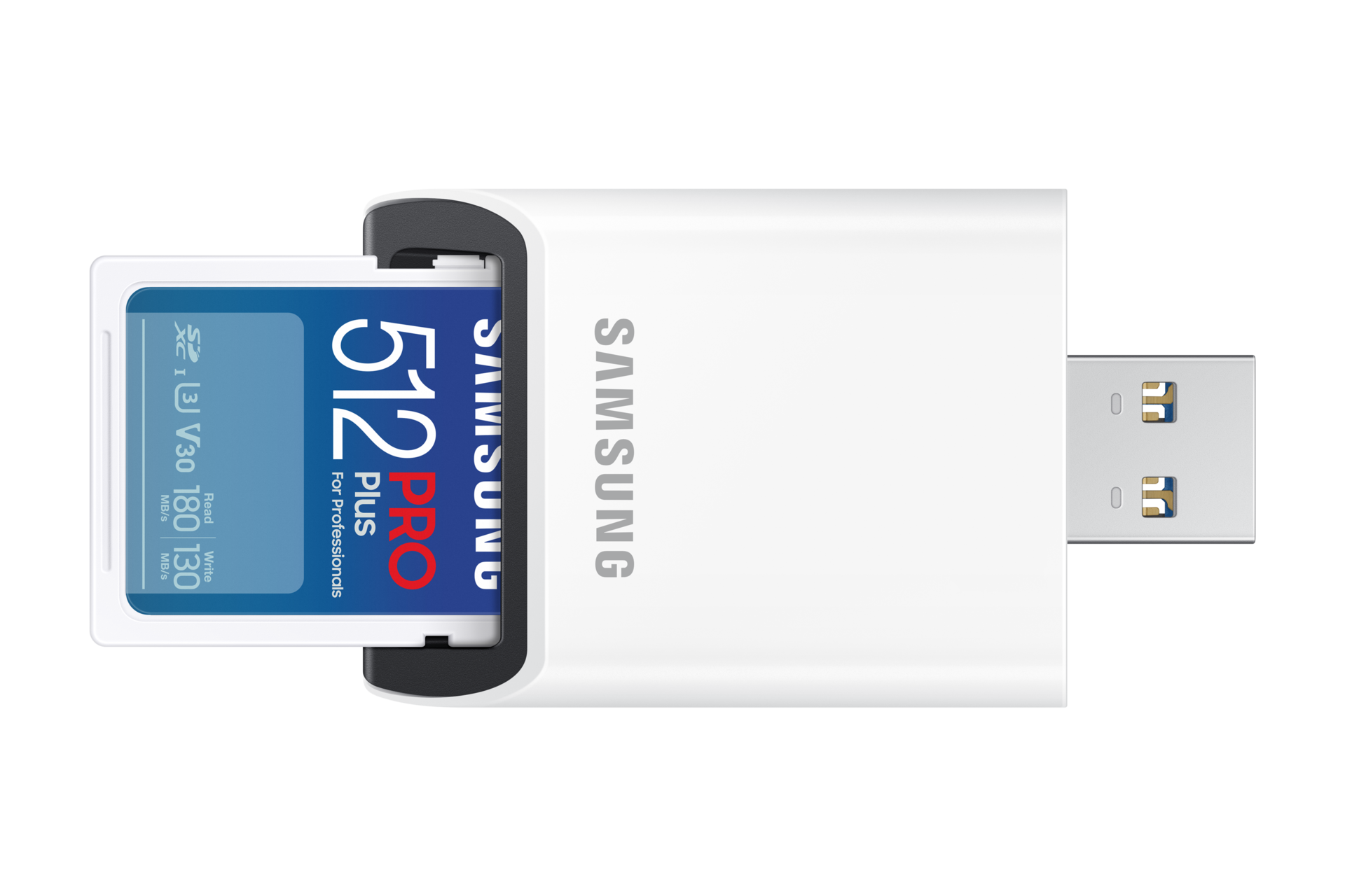 SD 메모리카드 PRO Plus with Reader 512 GB (블루) 를 오른쪽으로 90도 기울인 후 SD 어댑터에 장착하는 정면 이미지