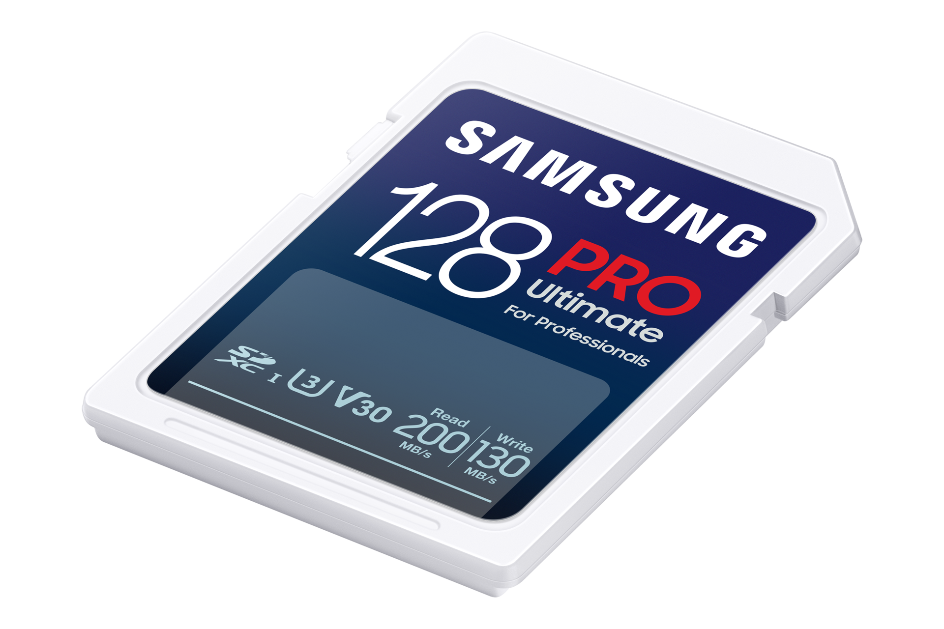 SD 메모리카드 PRO Ultimate with Reader 128 GB (블루) 오른쪽으로 40도 기울인 후 바닥에 눕힌 정면 이미지