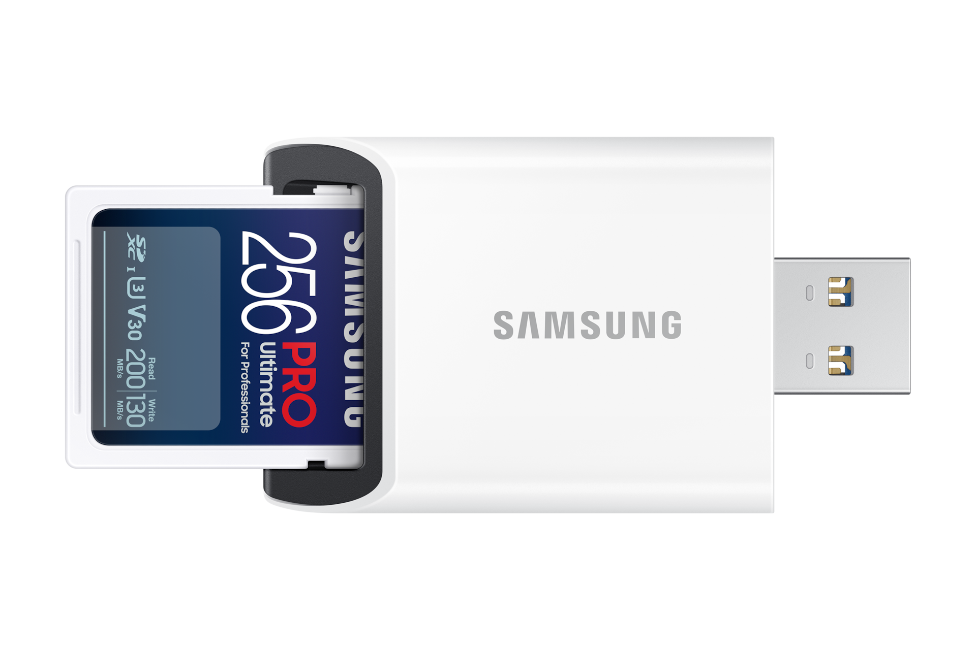 SD 메모리카드 PRO Ultimate with Reader 256 GB (블루) 를 오른쪽으로 90도 기울인 후 SD 어댑터에 장착하는 정면 이미지