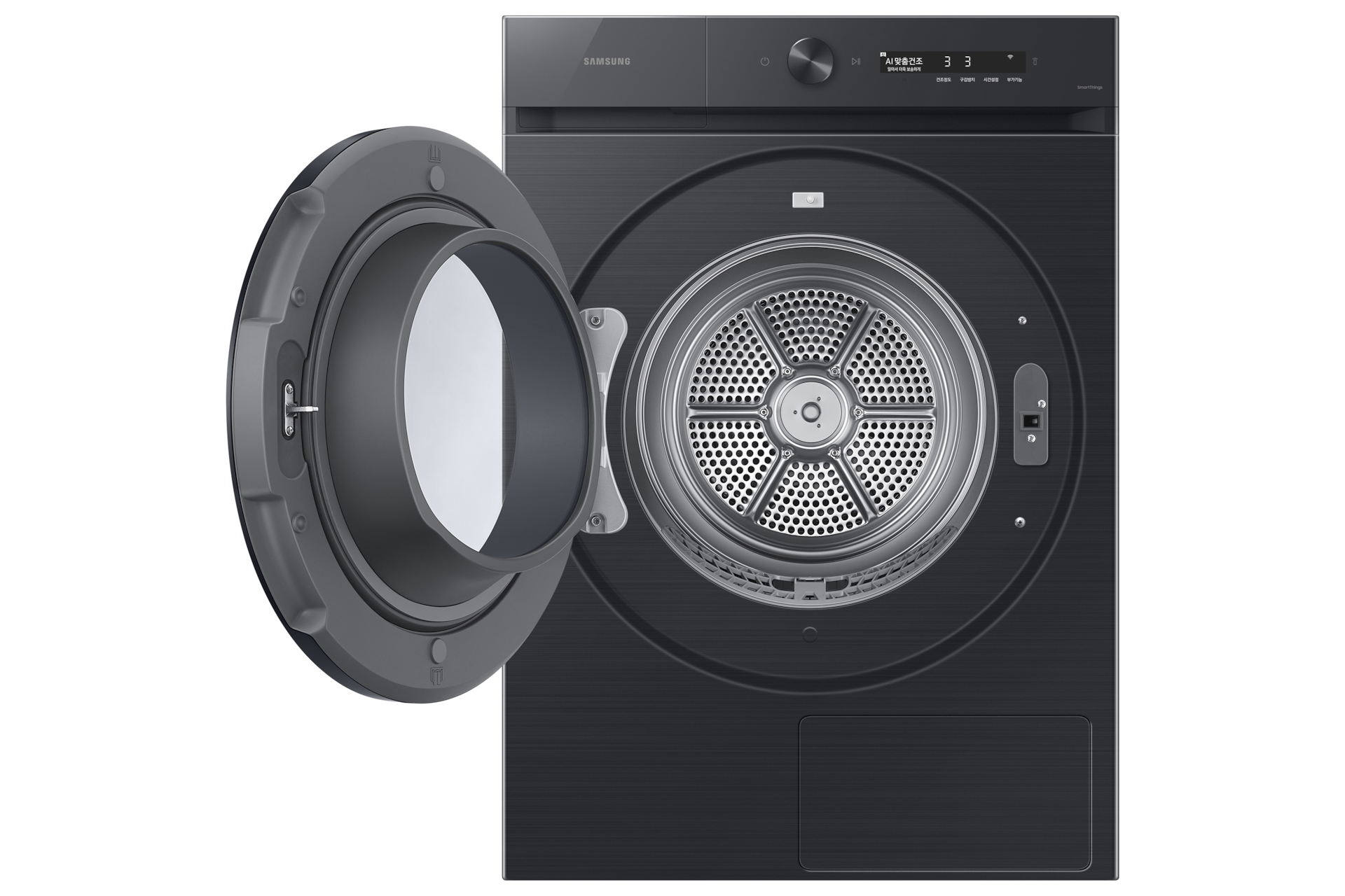 Bespoke AI 건조기 17kg (올인원컨트롤)+상단 설치 키트 블랙캐비어 정면 도어열림