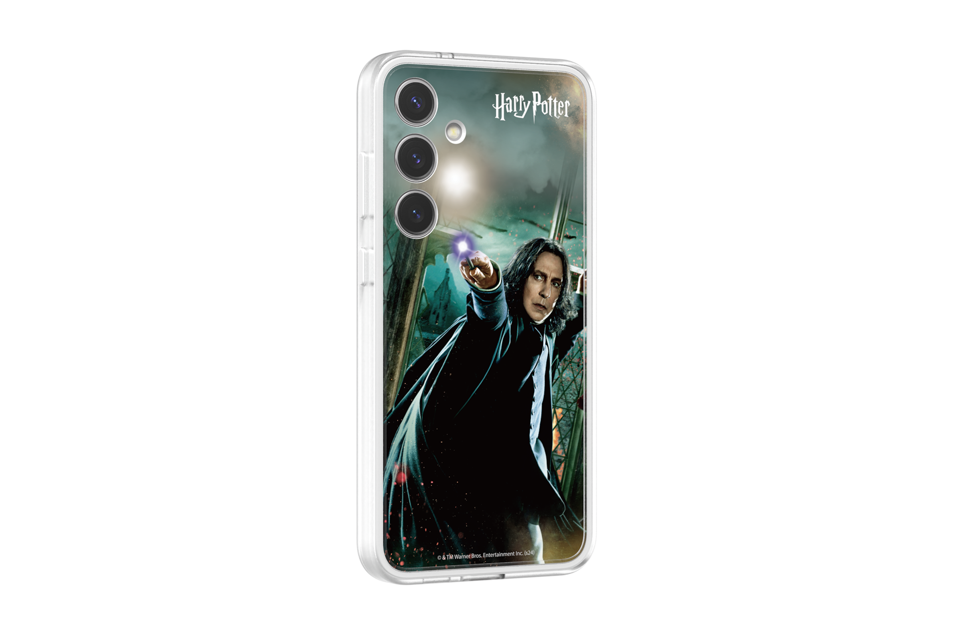 갤럭시 S24+ 해리포터 마법 플립수트 카드 (스네이프) (그린) 를 단말과 케이스에 장착 후 오른쪽으로 30도 돌아간 정면 이미지