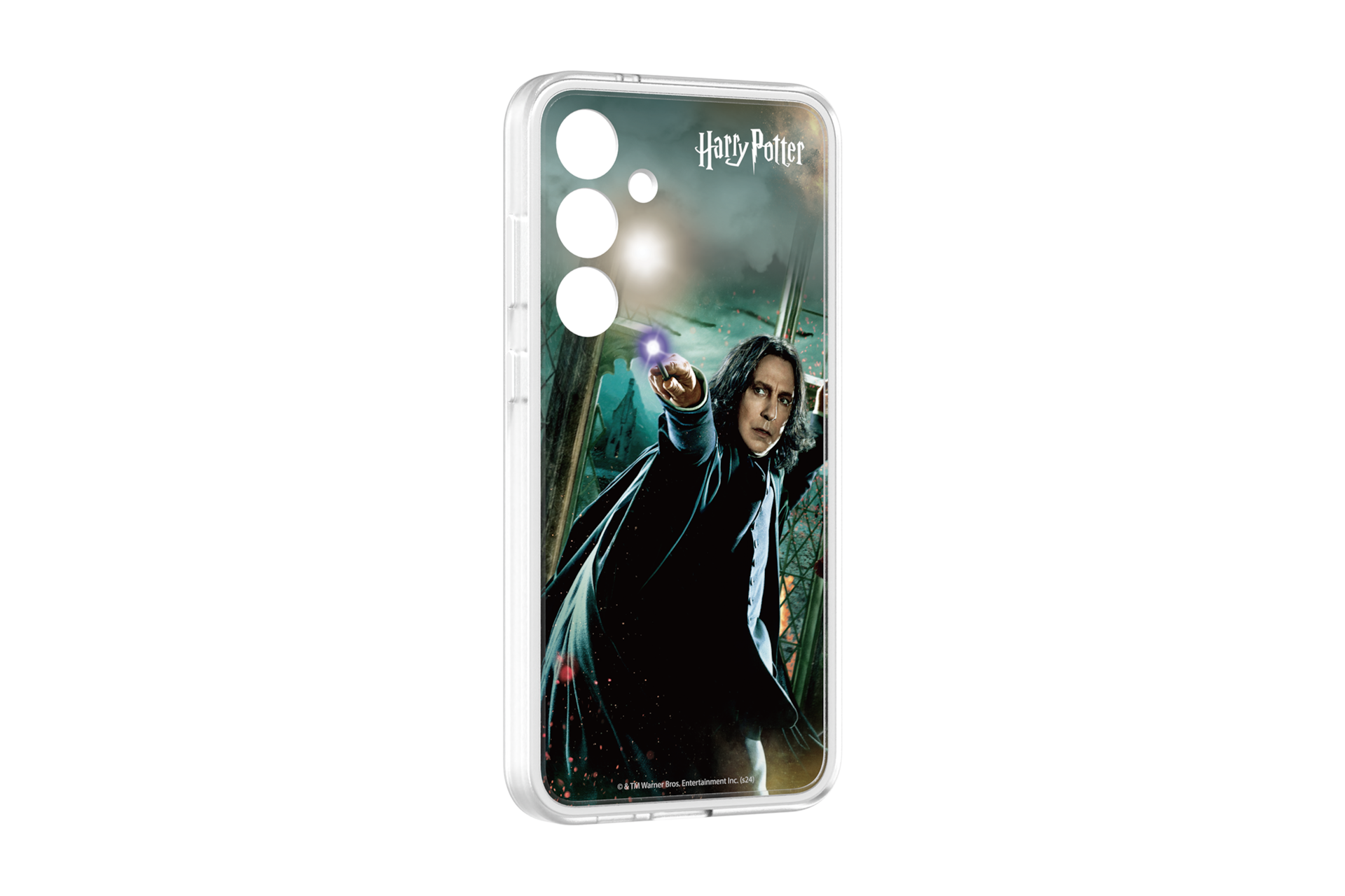 갤럭시 S24+ 해리포터 마법 플립수트 카드 (스네이프) (그린) 를 케이스에 장착 후 오른쪽으로 30도 돌아간 정면 이미지