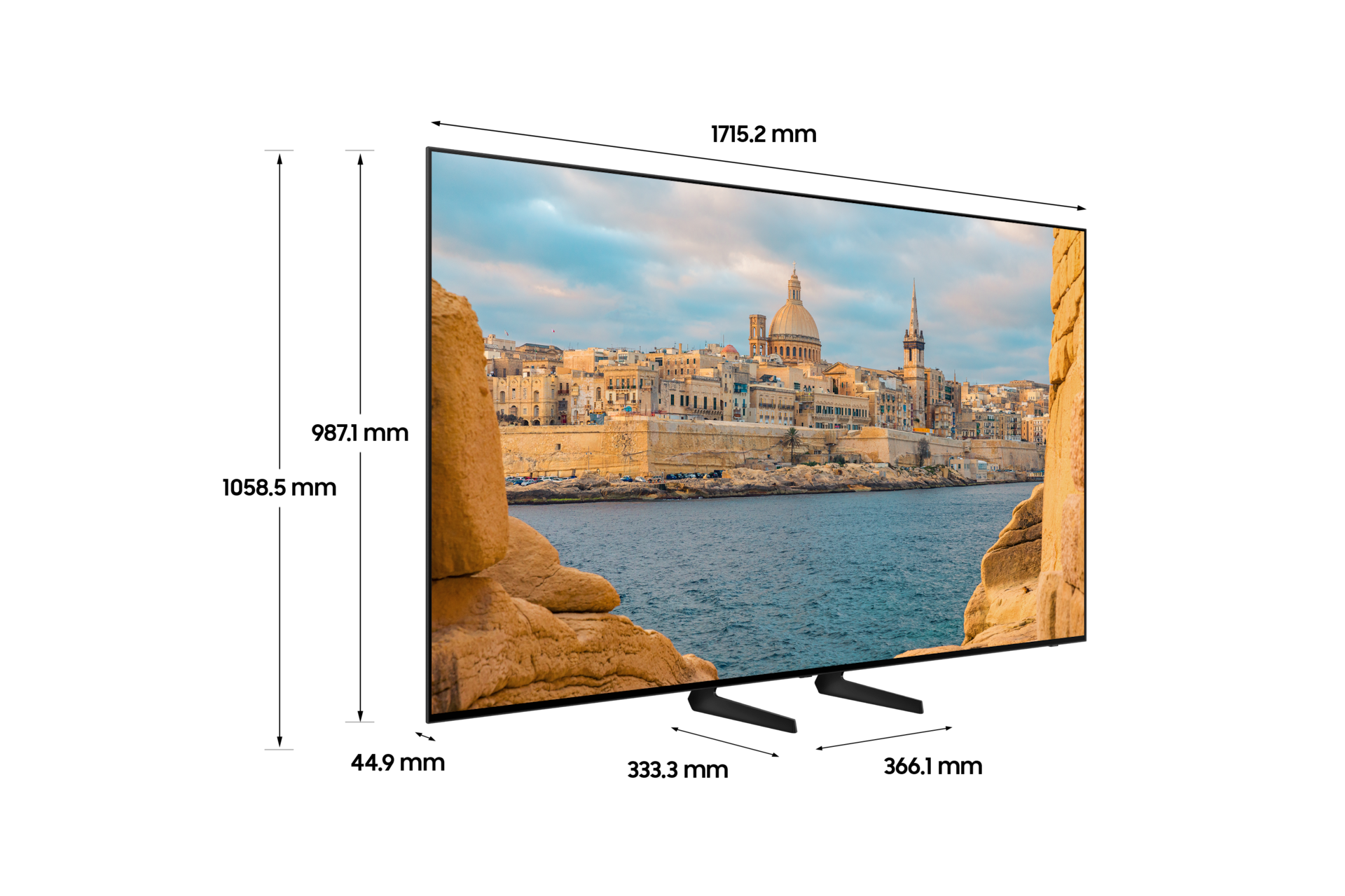 2024 OLED SD85 (194cm) 스탠드형의 가로,세로,높이, 폭 상세사이즈가 기재되어 있습니다.