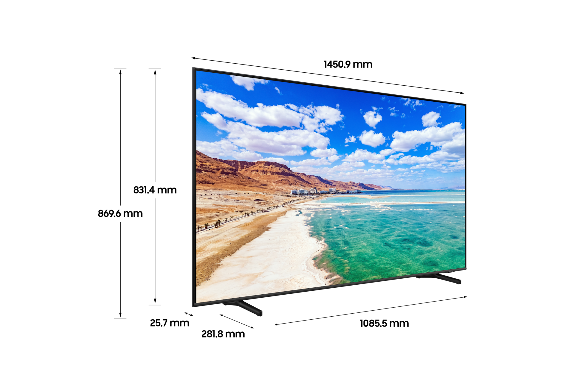 2024 QLED 4K QDE1 (163 cm) 상세사이즈가 기재된 디멘션 컷 