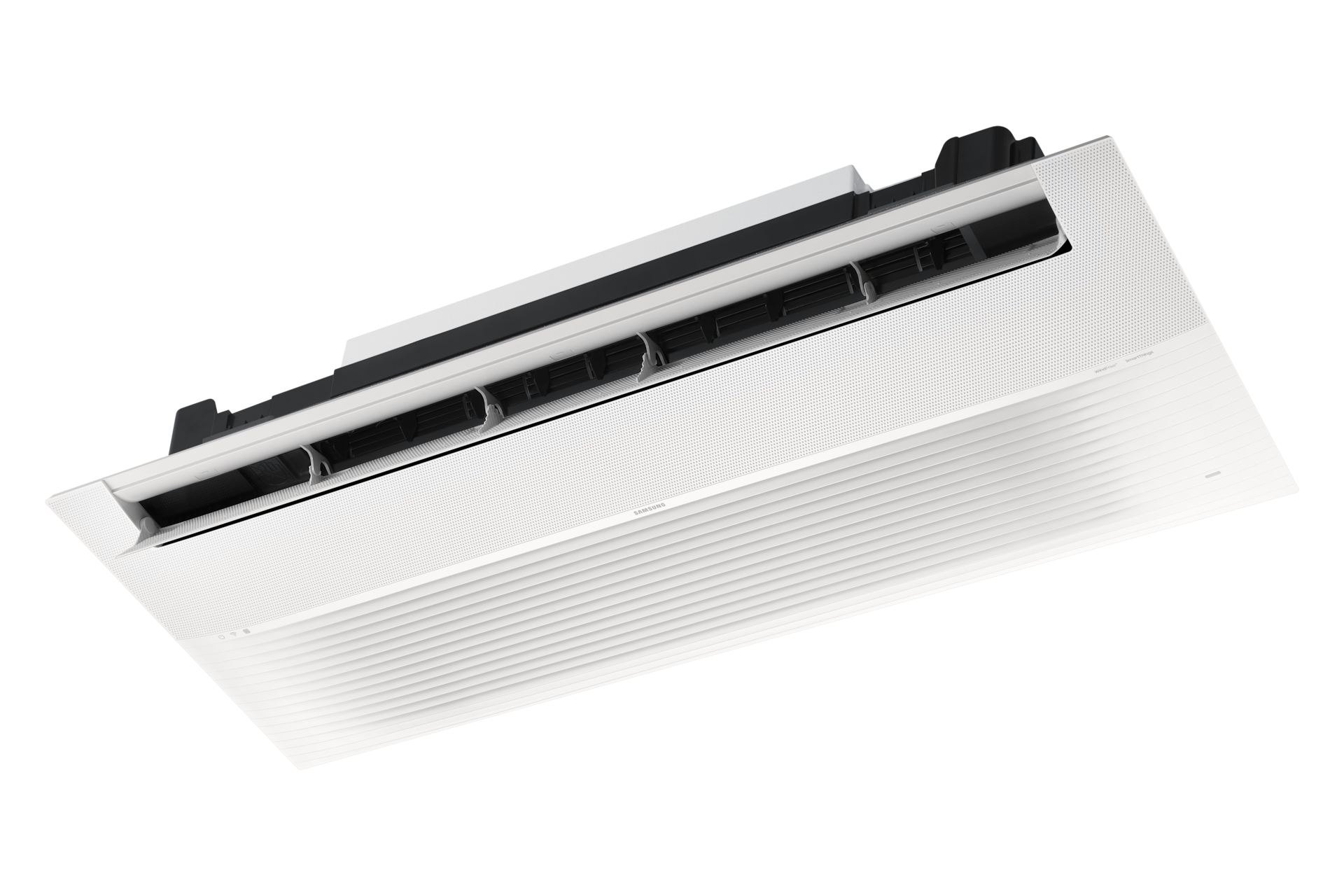 Infinite AI 무풍 시스템에어컨 149.6㎡ 6실 (UV 실내기) 전원이 켜져 있는 천장형 인피니트 1way 실내기 우측 15도