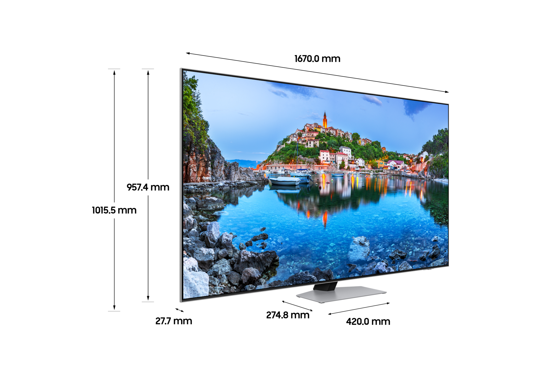 2024 Neo QLED QND88 (189 cm) 스탠드형 상세사이즈가 기재된 디멘션컷