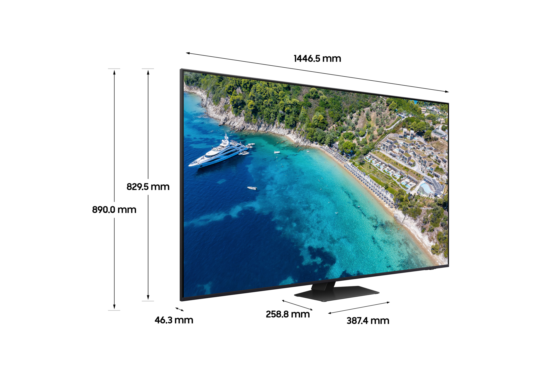 2024 Neo QLED QND86 (163 cm) 스탠드형 상세사이즈가 기재된 디멘션컷