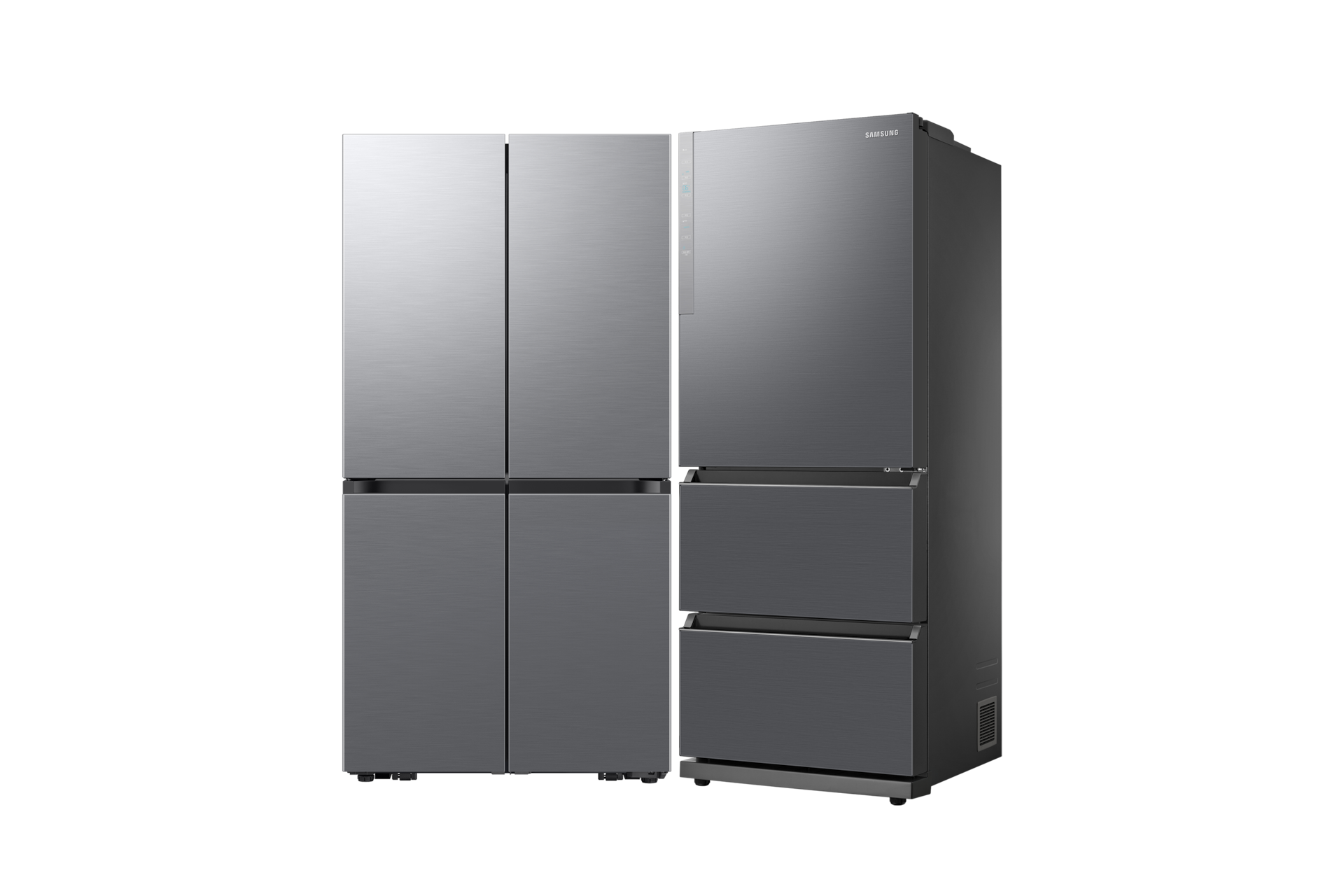 냉장고 4도어 902L 리파인드 이녹스 제품 정면, 김치플러스 3도어 328L 리파인드 이녹스 제품 정면