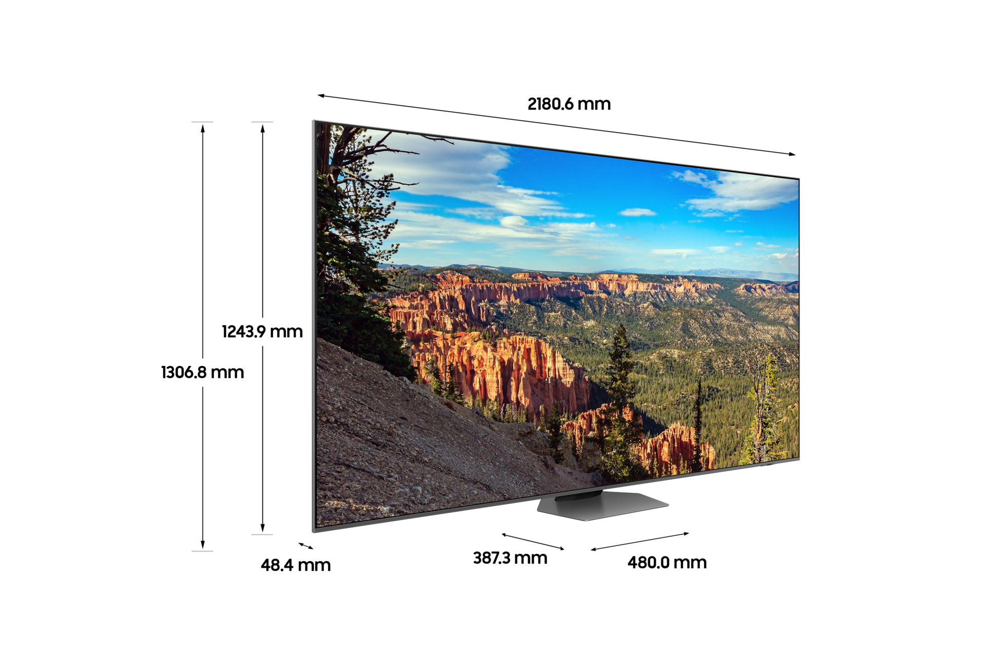 2023 QLED 4K QC88 (247 cm) 스탠드형 상세사이즈가 기재된 디멘션컷